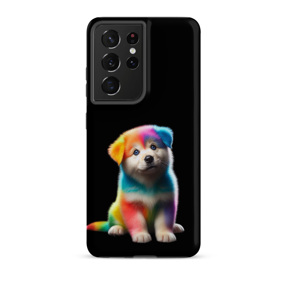 Phone Case with rainbow puppy design for Samsung Galaxy against dark sky background.