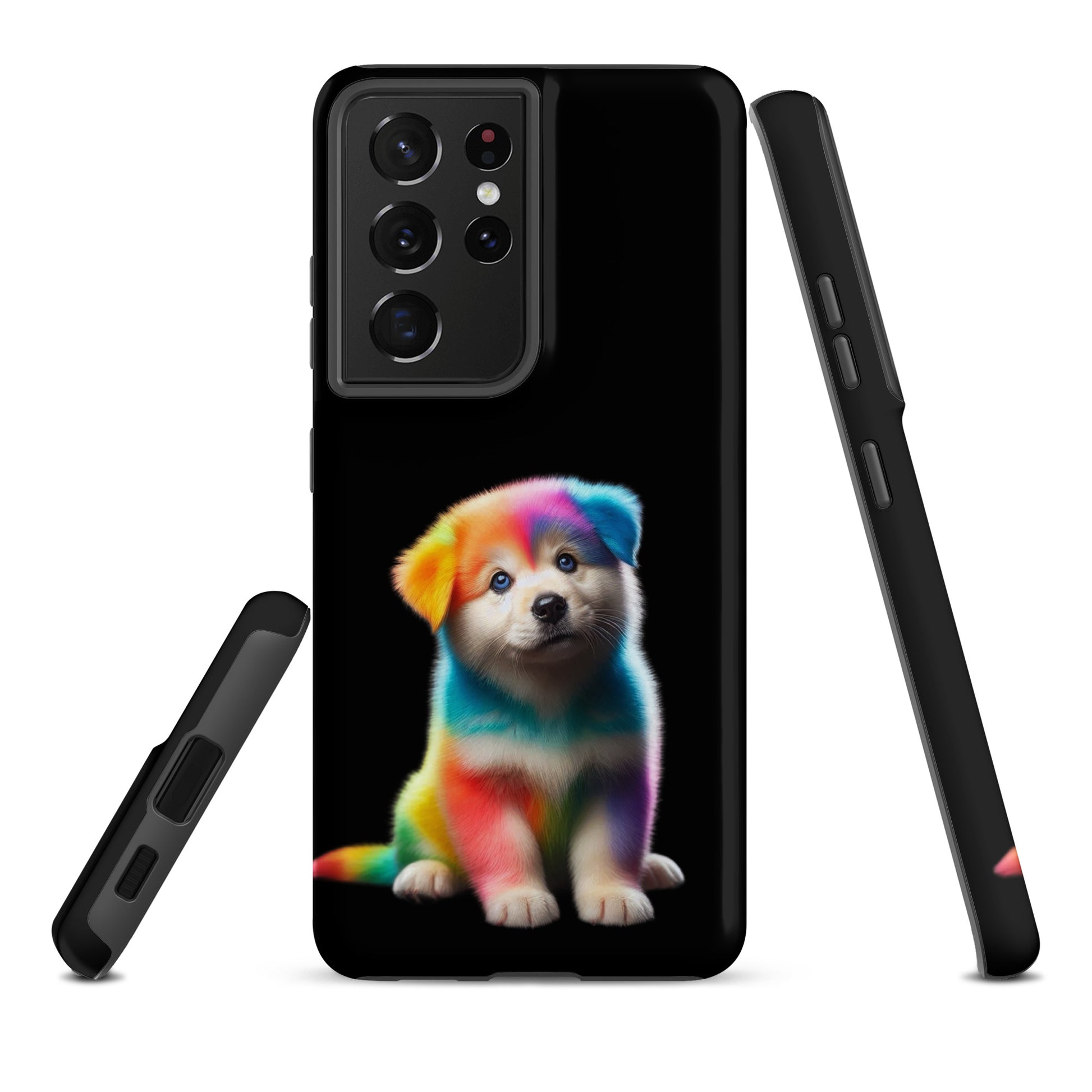 Phone Case for Samsung Galaxy featuring vibrant rainbow puppy design on dark night sky background.