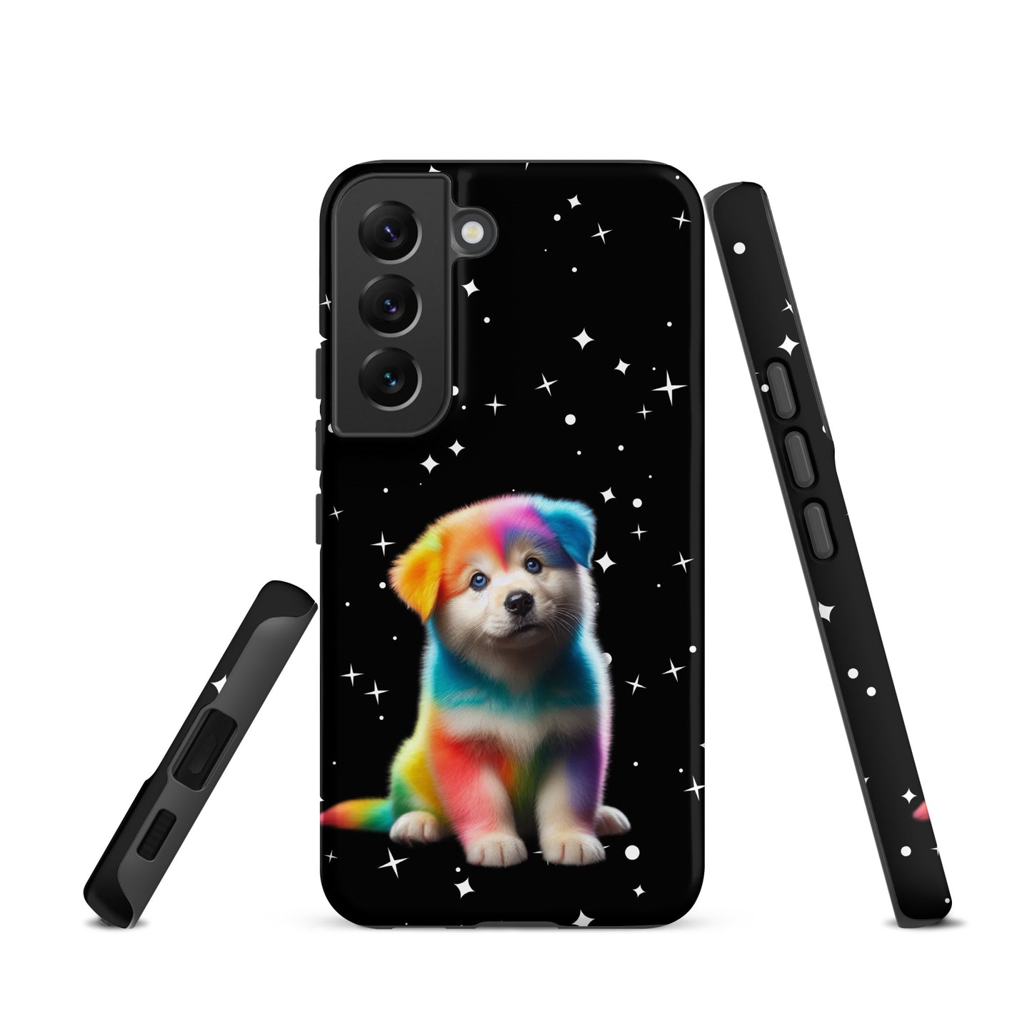 Phone Case for Samsung Galaxy with rainbow puppy and starry night design, blending vibrant colors and cosmic sparkle for standout protection.