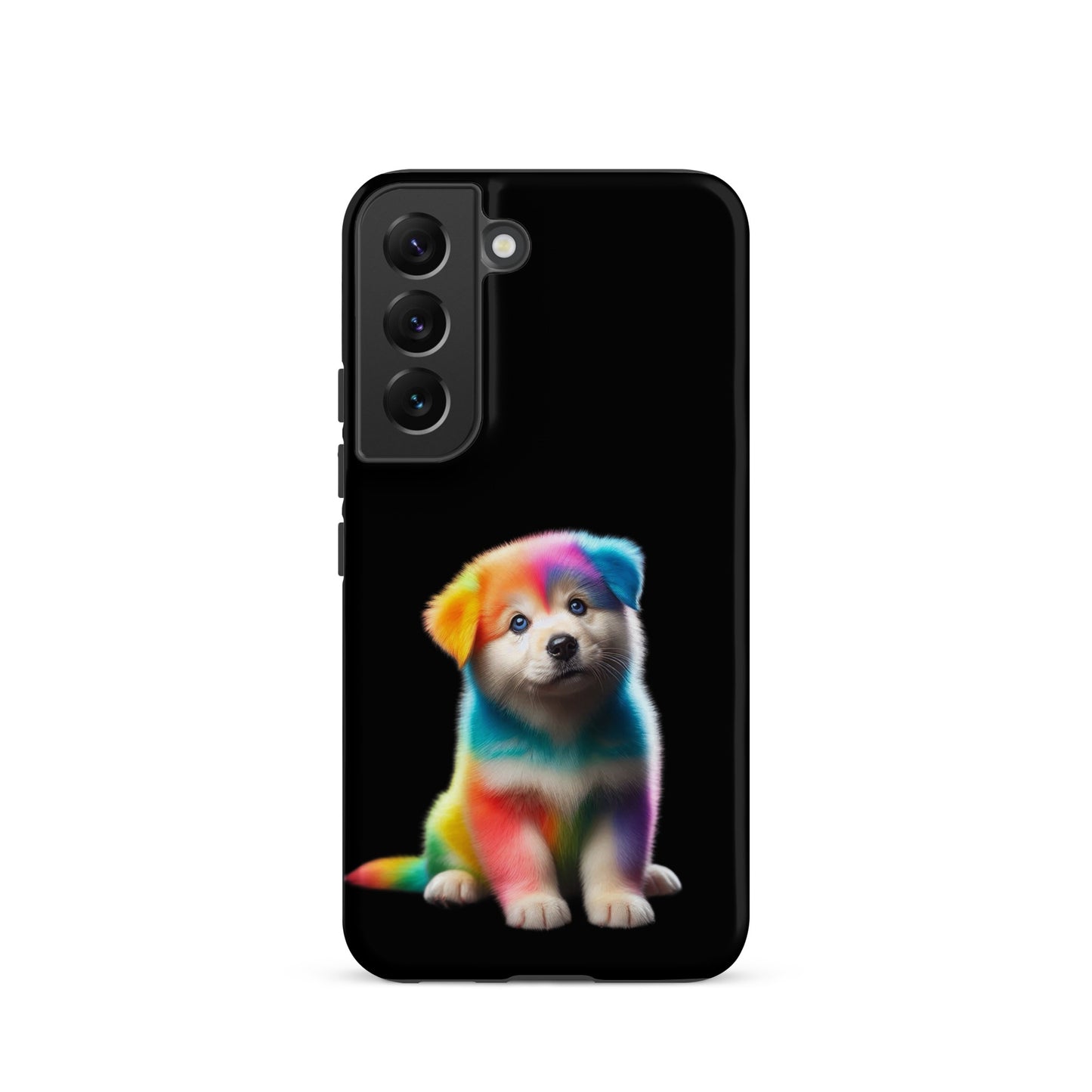 Phone Case with rainbow puppy design for Samsung Galaxy, featuring vibrant colors against a dark night sky for unique device protection.