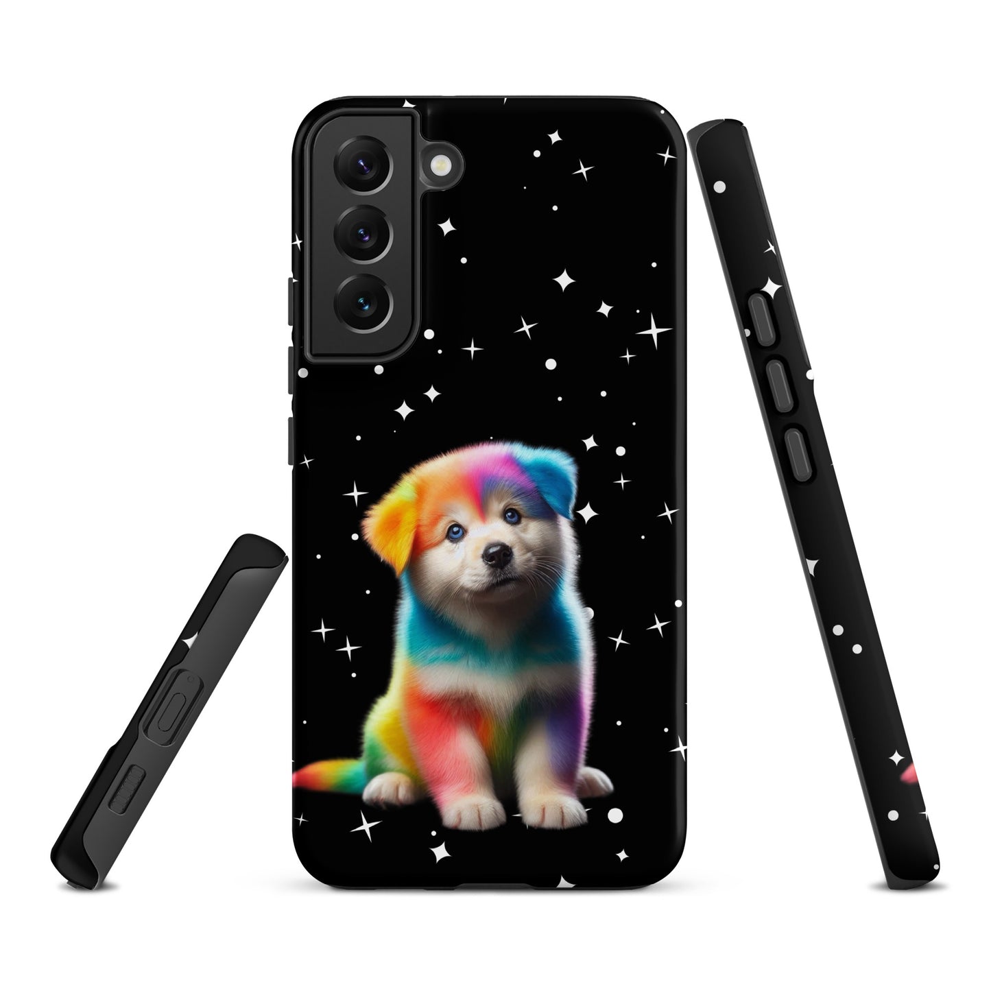 Phone Case for Samsung Galaxy with rainbow puppy and starry night design on black background