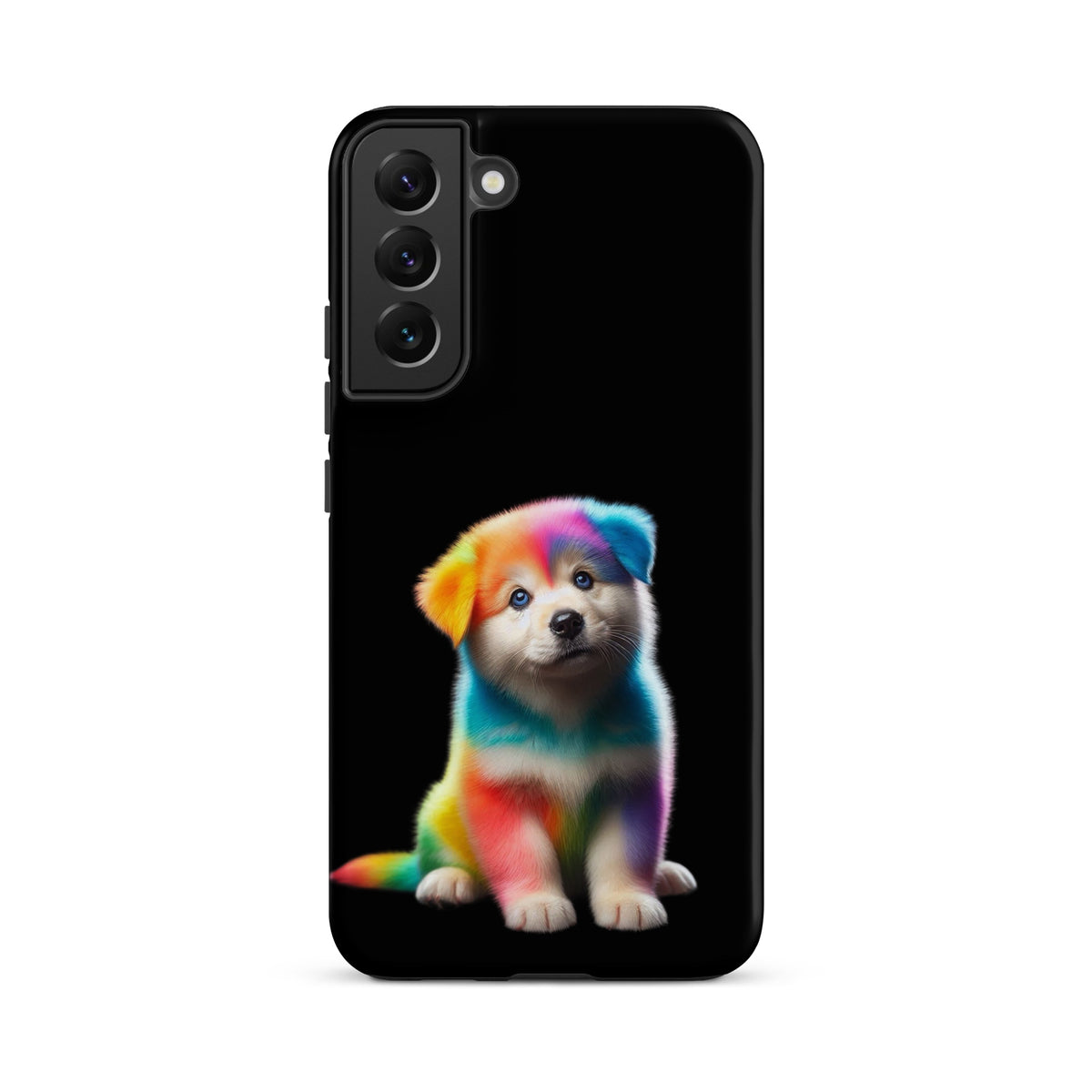 Phone Case for Samsung Galaxy with rainbow puppy design and cosmic sparkle against dark night sky background