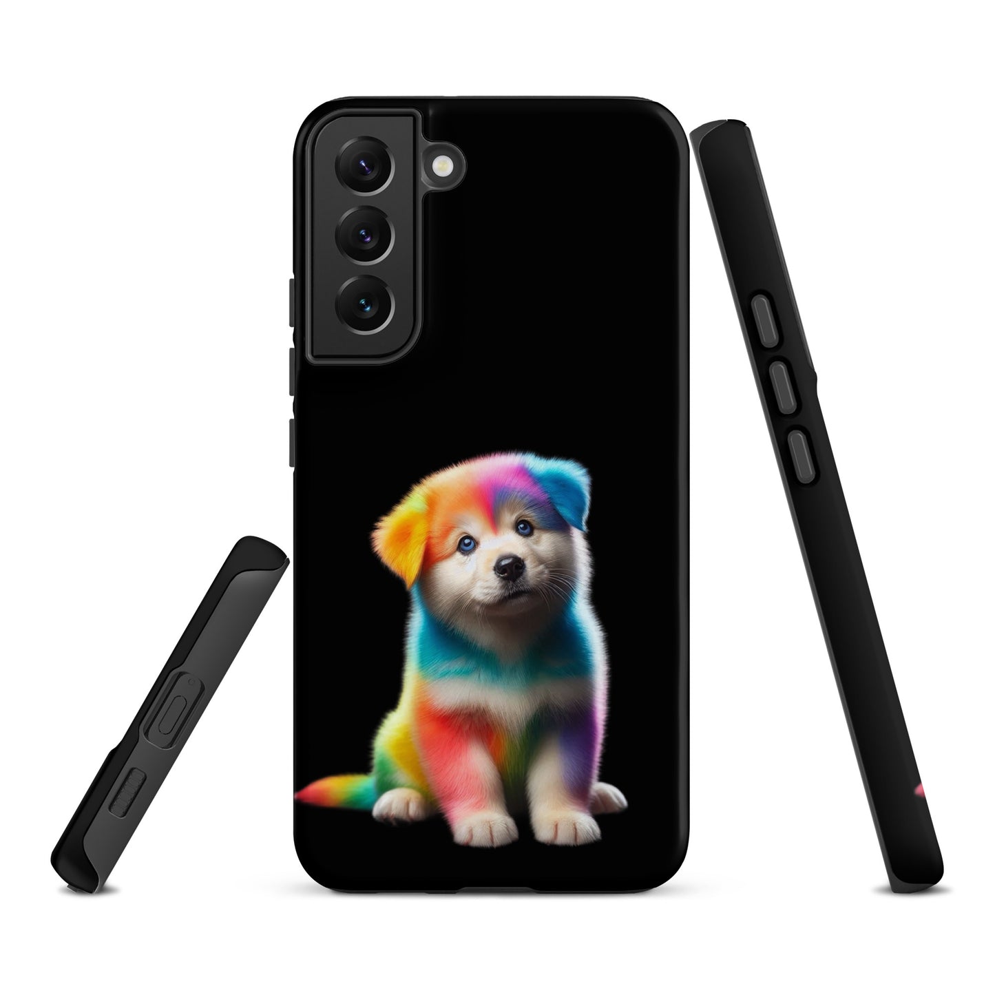 Phone Case for Samsung Galaxy with rainbow puppy design in cosmic night sky theme, vibrant colors, bold protection, and playful art style.