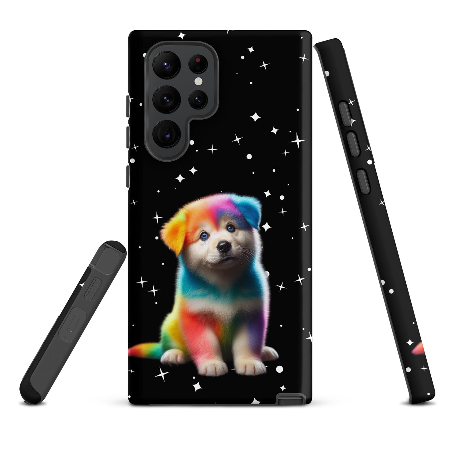 Phone Case with rainbow puppy design on starry night backdrop for Samsung Galaxy