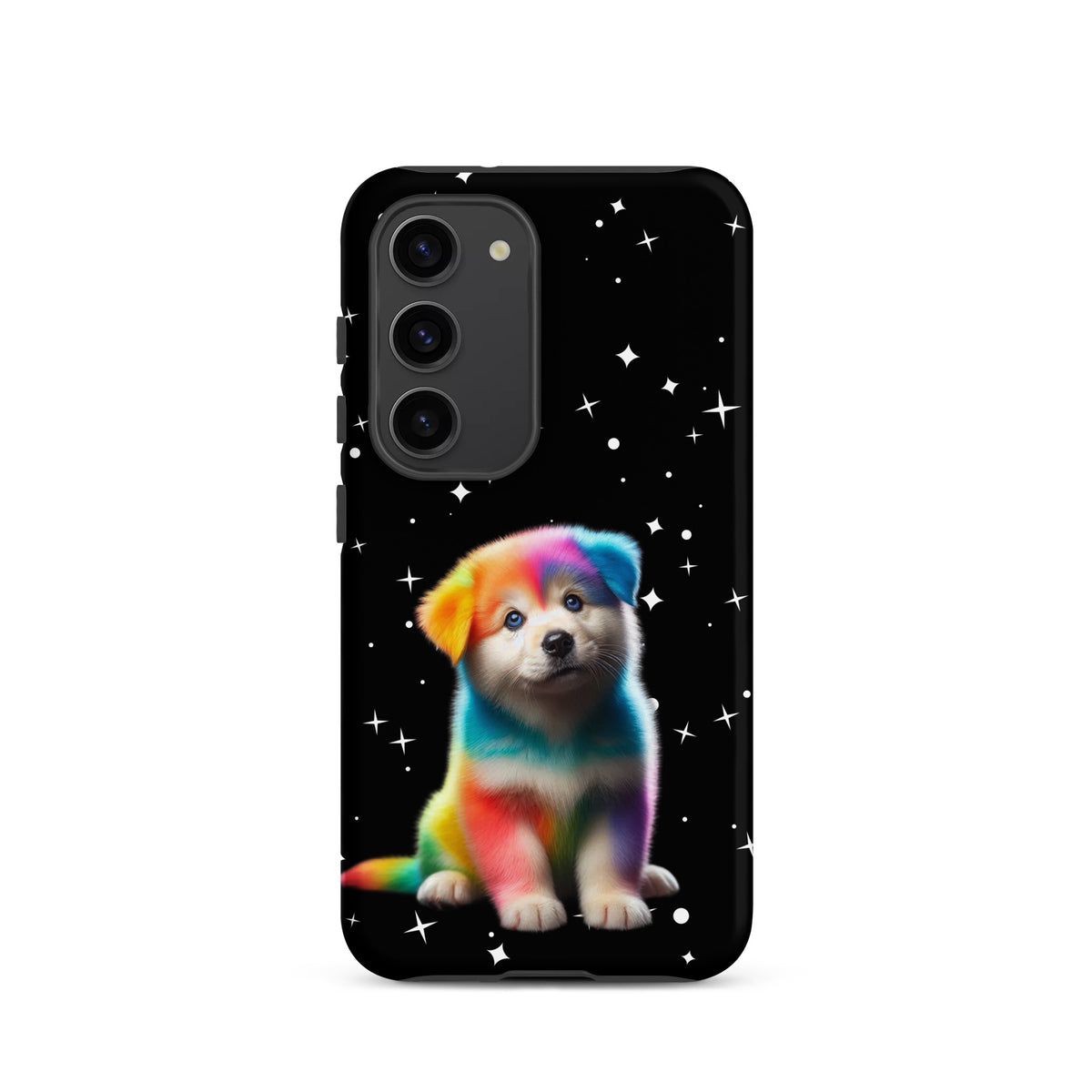 Phone Case for Samsung Galaxy with rainbow puppy in starry night design. Colorful cosmic sparkle pet-themed accessory.