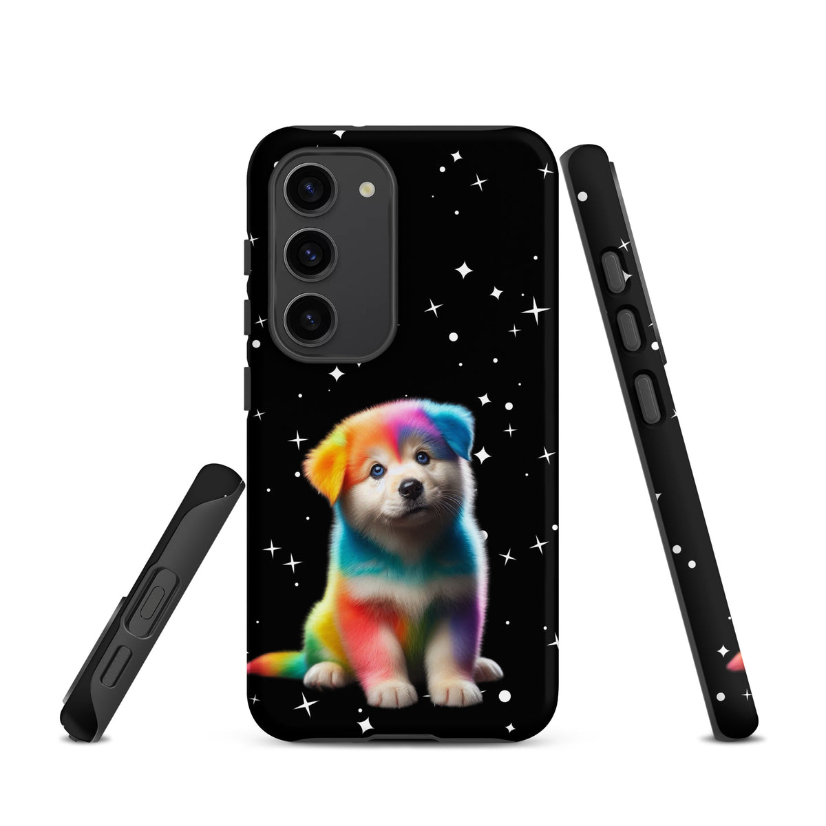 Phone Case for Samsung Galaxy with rainbow puppy and starry night design, offering vibrant colors and cosmic sparkle.