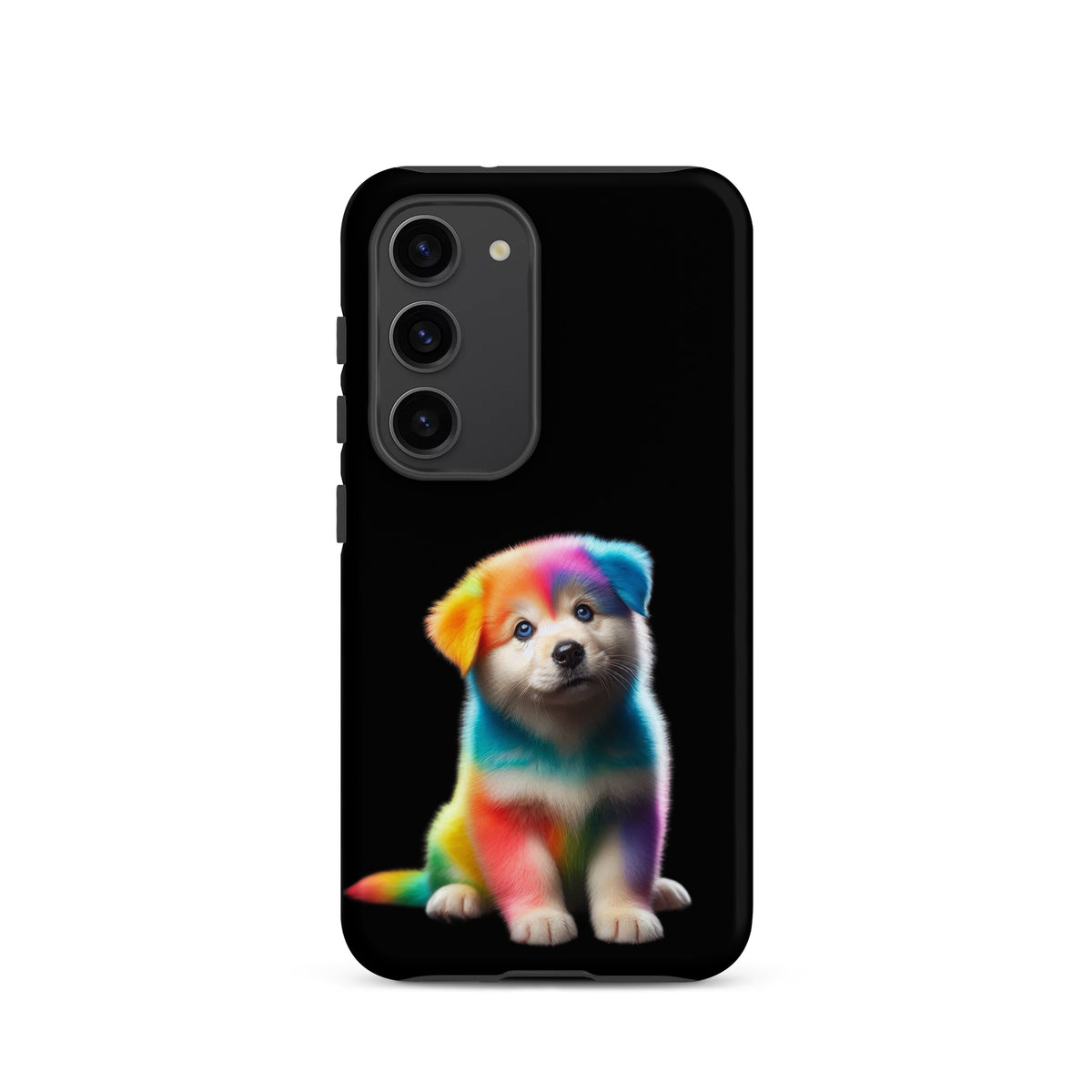 Colorful Phone Case with Rainbow Puppy Design for Samsung Galaxy, featuring bright hues and cosmic sparkle against a dark background.