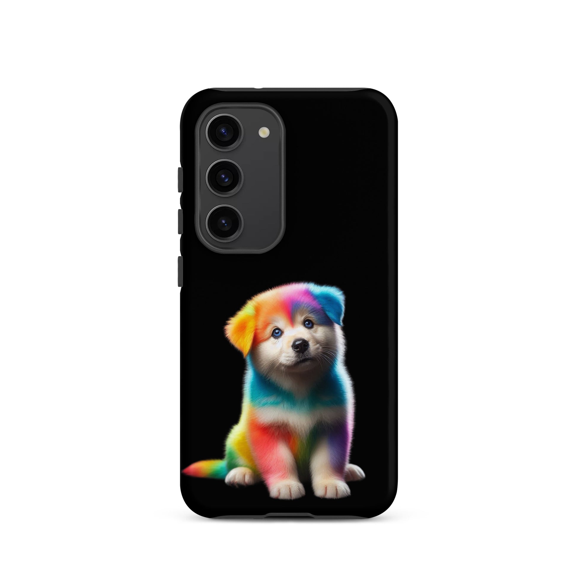 Colorful Phone Case with Rainbow Puppy Design for Samsung Galaxy, featuring bright hues and cosmic sparkle against a dark background.
