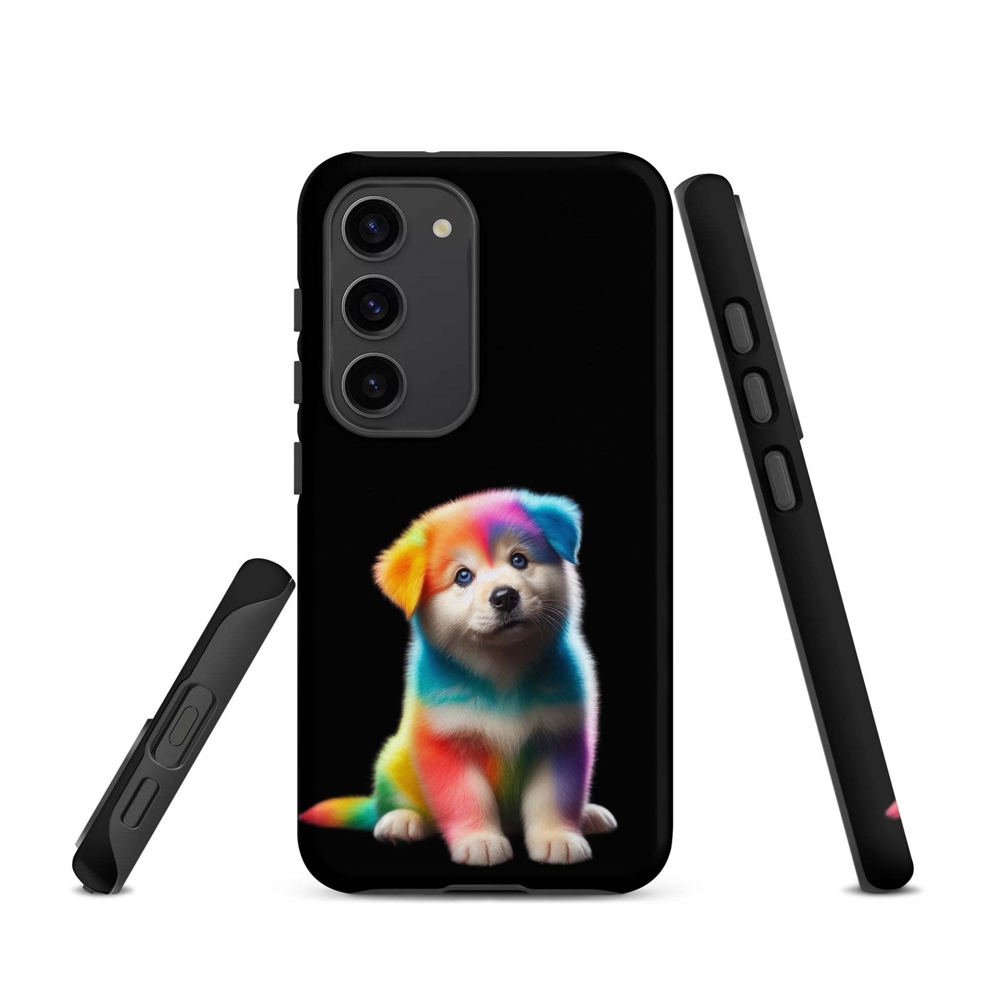 Phone Case for Samsung Galaxy featuring a rainbow puppy design against a dark night sky, offering style and protection.