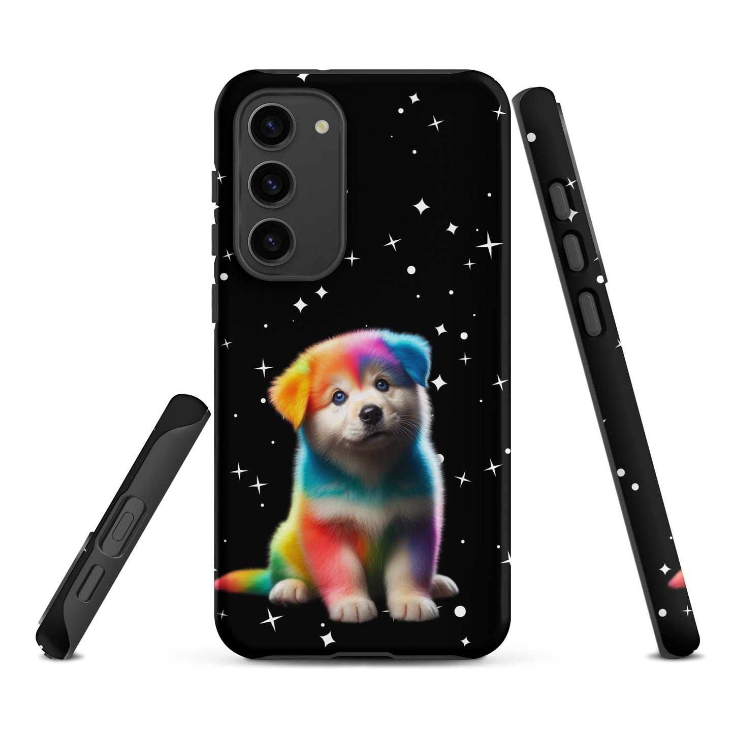 Phone Case with rainbow puppy and starry night design for Samsung Galaxy, featuring vibrant colors and cosmic sparkle for style and protection.