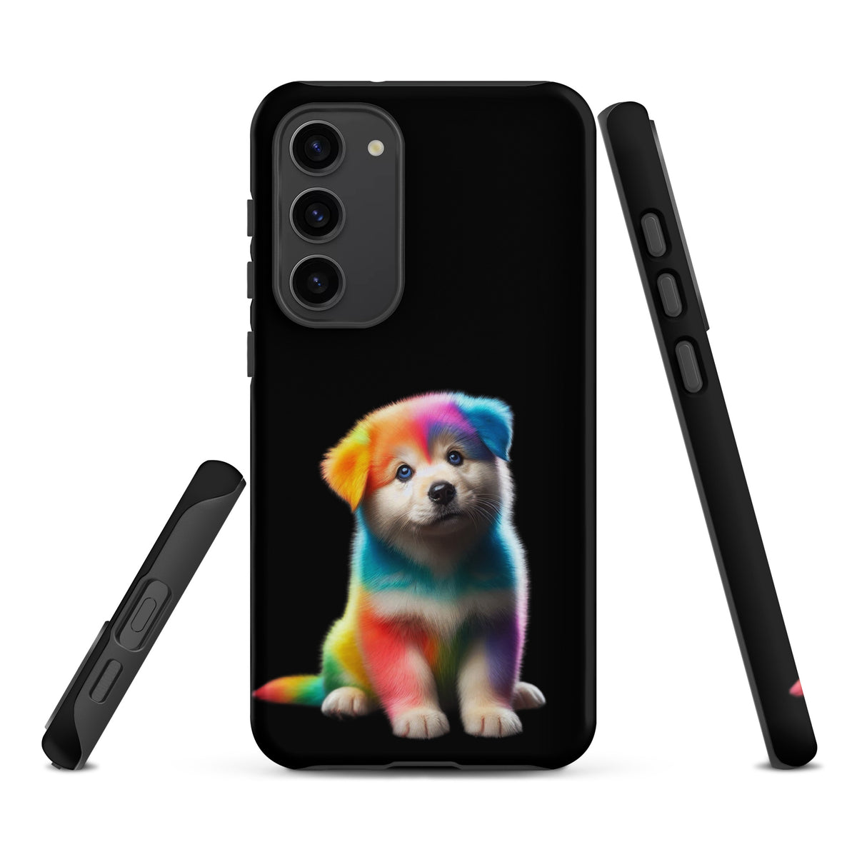 Phone Case with rainbow puppy design for Samsung Galaxy, featuring vibrant colors and cosmic night sky theme.