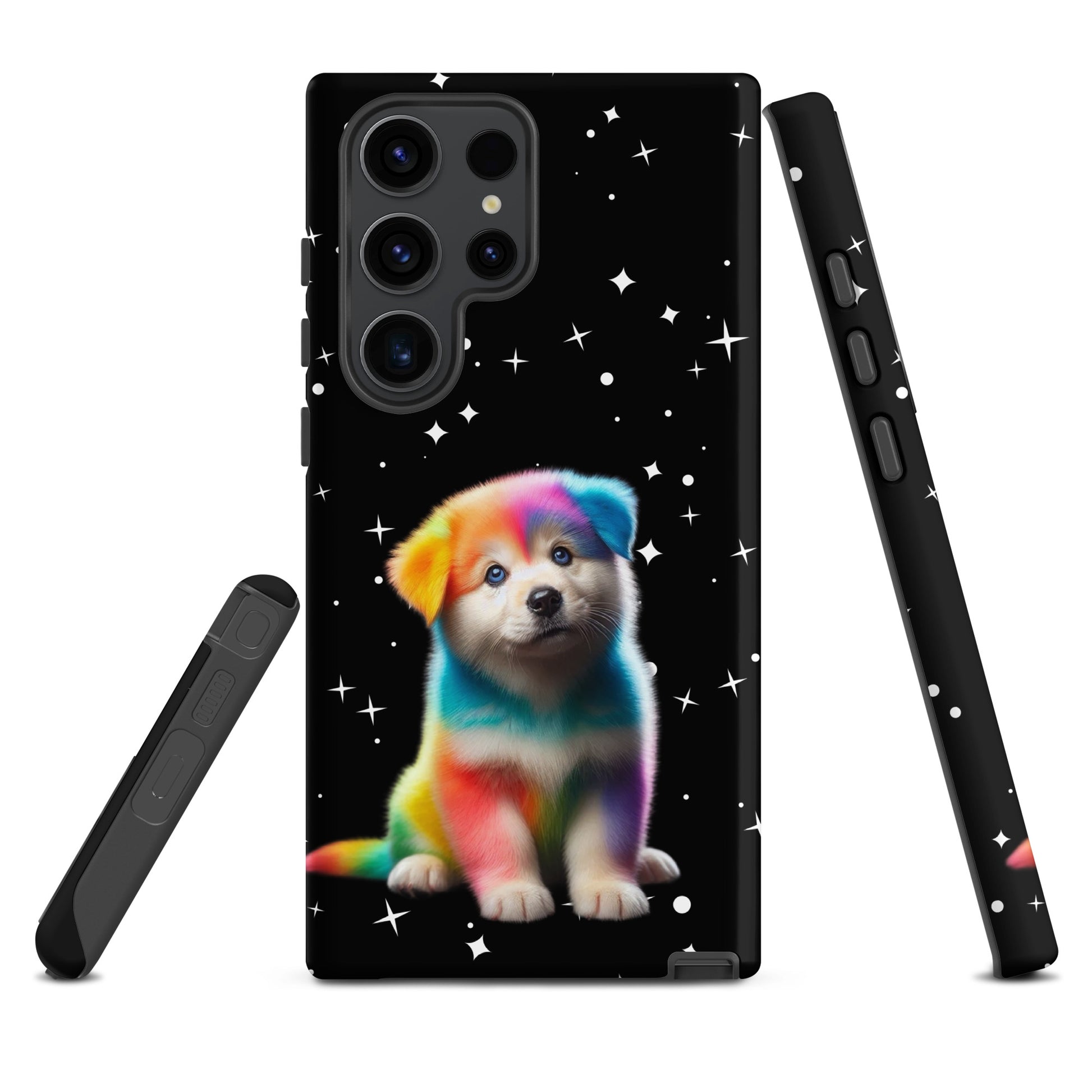 Phone Case for Samsung Galaxy with rainbow puppy and starry night design, vibrant colors and cosmic theme for style and protection.