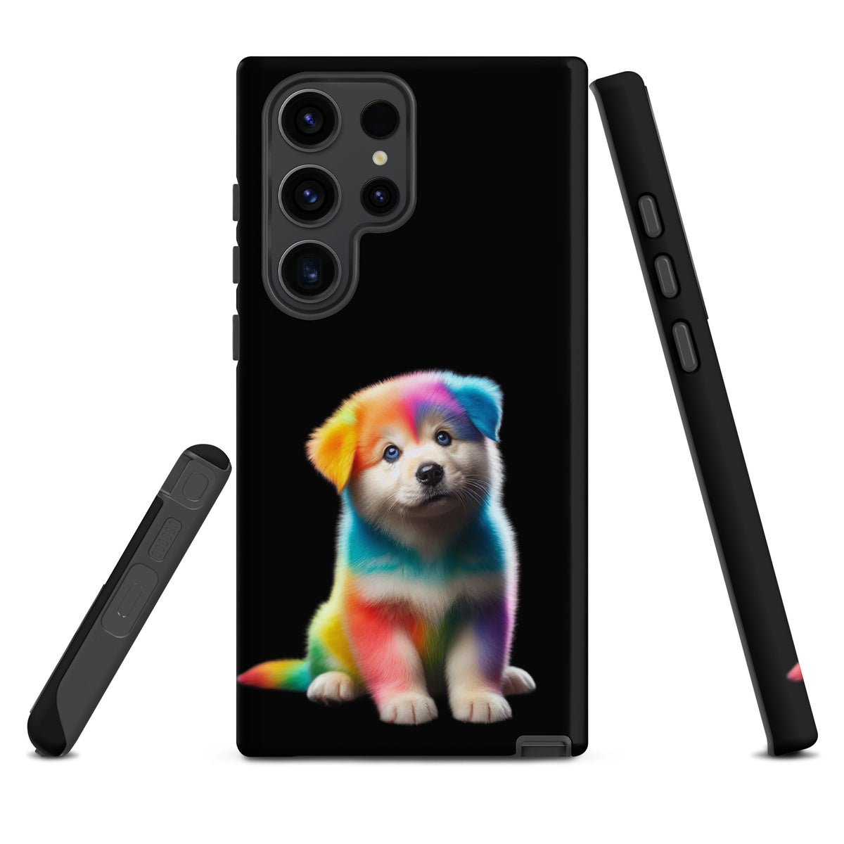 Phone Case with rainbow puppy design for Samsung Galaxy against dark night sky, vibrant colors, protective accessory