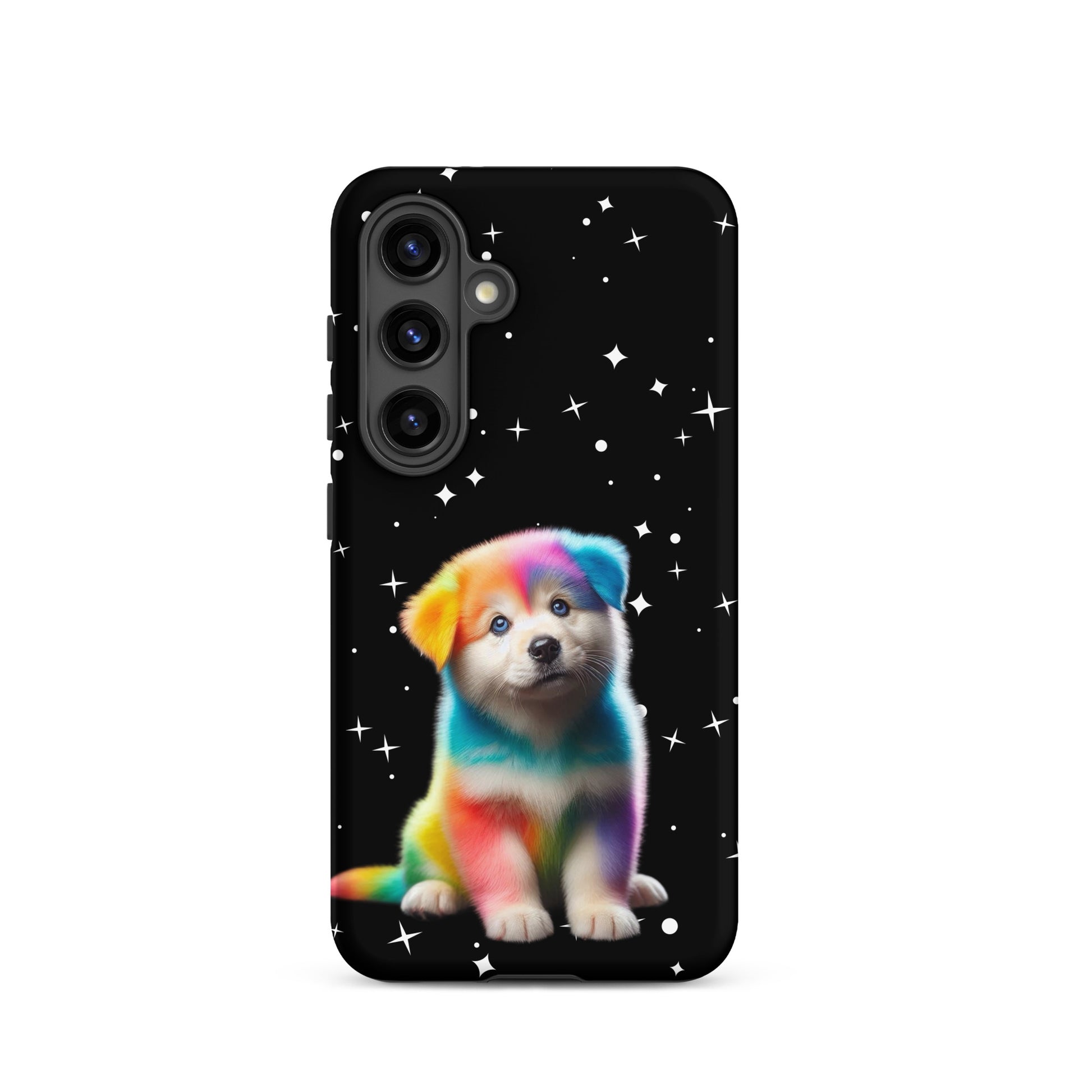 Phone Case for Samsung Galaxy with rainbow puppy and starry night design, featuring vibrant colors and cute pet illustration.