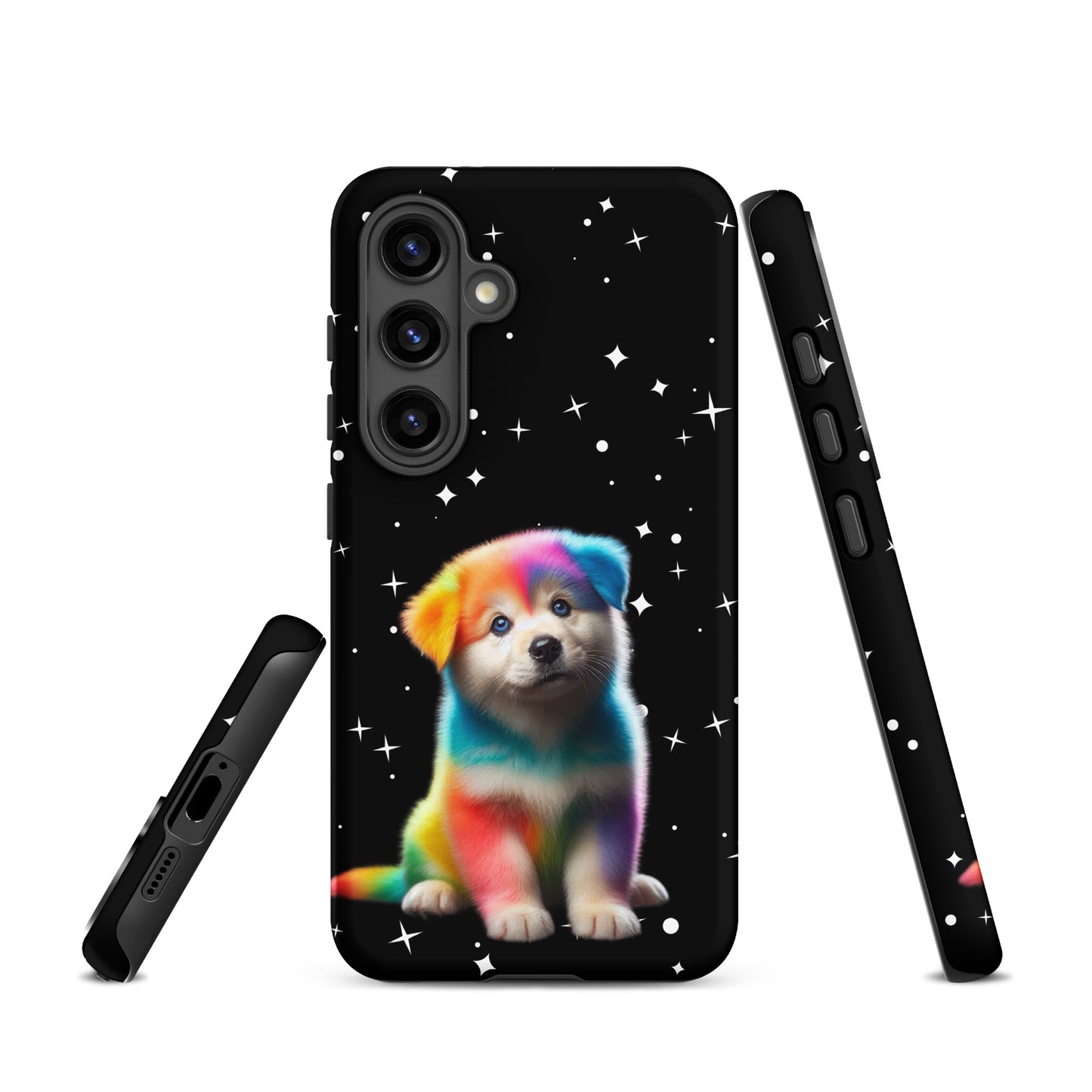 Phone Case with rainbow puppy and stars for Samsung Galaxy, showcasing colorful pet design against a starry sky, providing stylish protection.