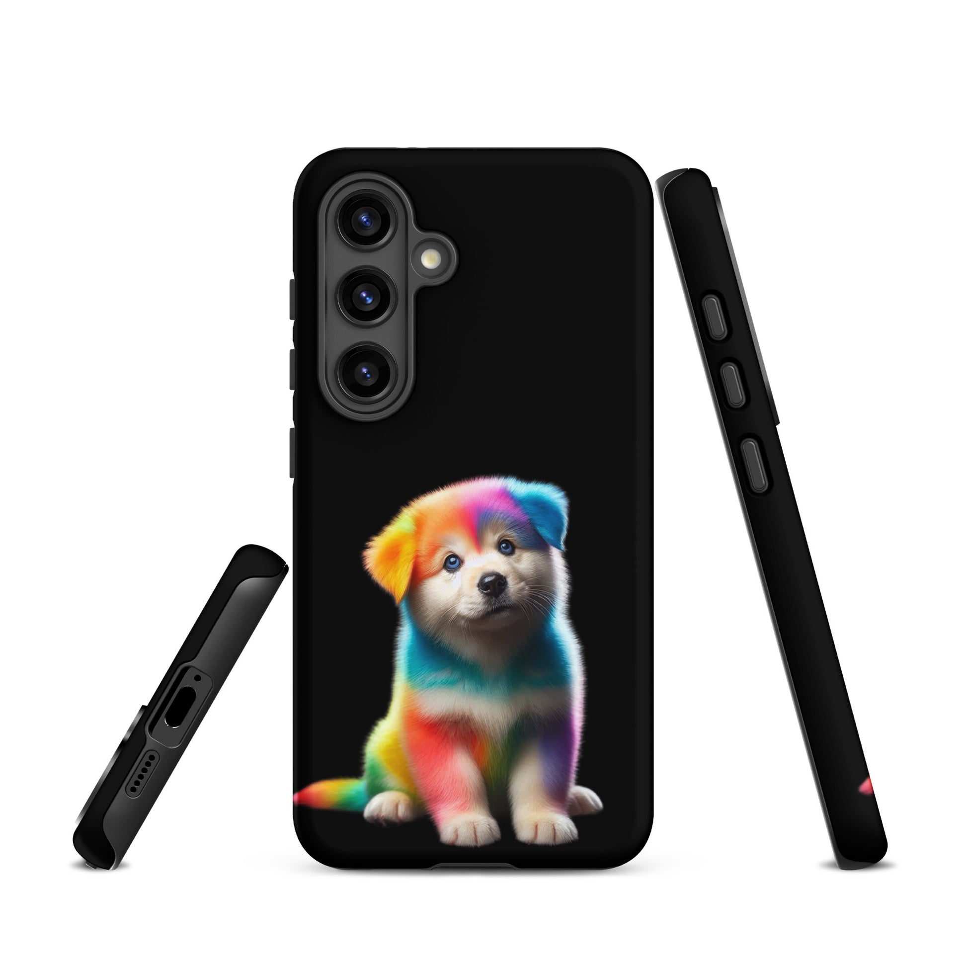 Phone Case for Samsung Galaxy with rainbow puppy design and night sky background, offering vibrant protection and style.