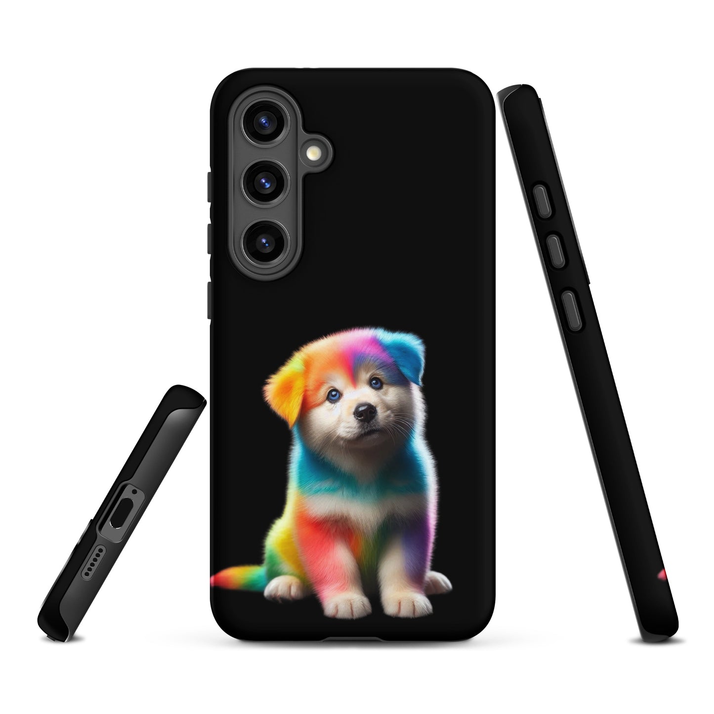 Phone Case for Samsung Galaxy with rainbow puppy design on dark night sky background, featuring bold colors and cosmic sparkle.