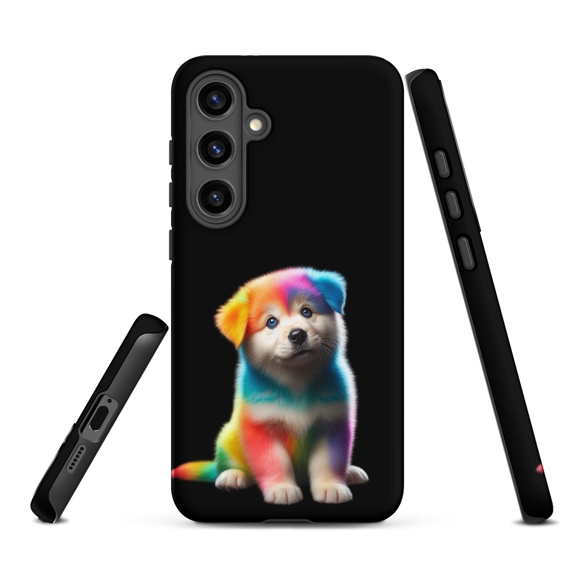 Phone Case for Samsung Galaxy with rainbow puppy design on dark night sky background, featuring bold colors and cosmic sparkle.