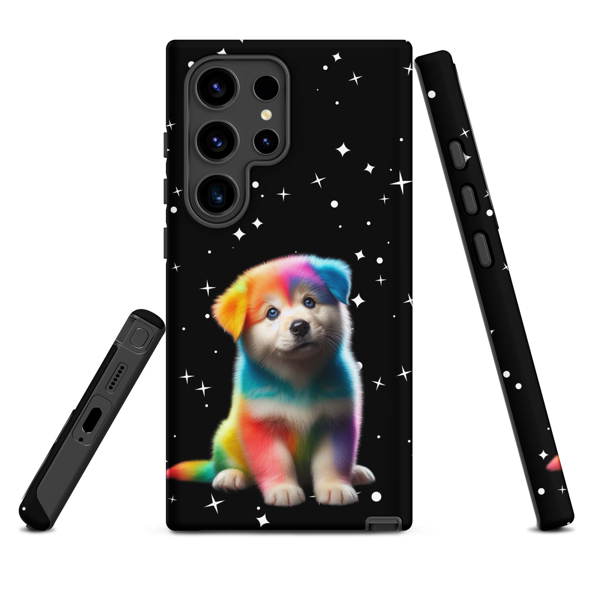 Phone Case for Samsung Galaxy featuring rainbow puppy and starry night design, combining playful art with protection.