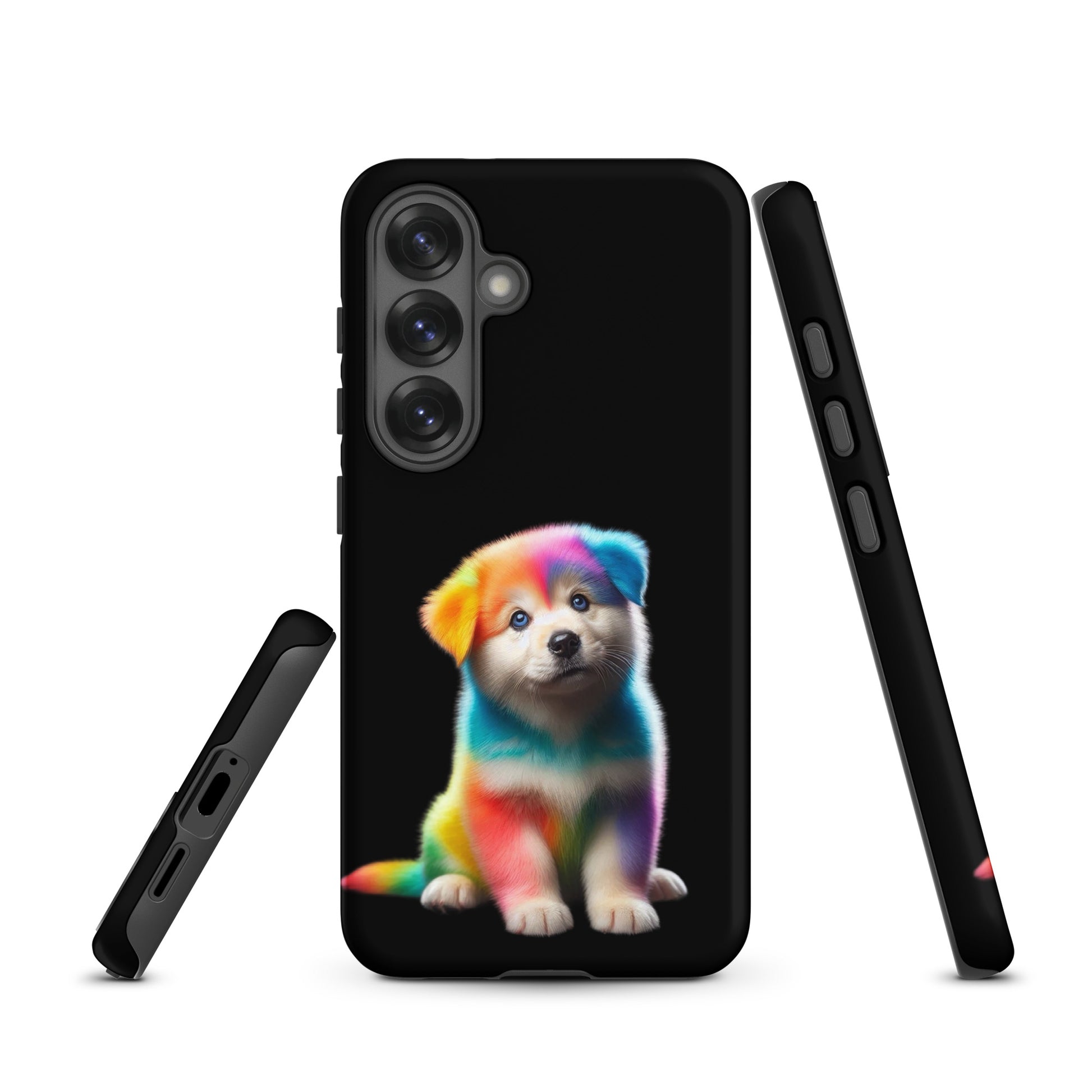 Phone Case for Samsung Galaxy with rainbow puppy design against a starry night sky, featuring vibrant colors and cosmic sparkle.