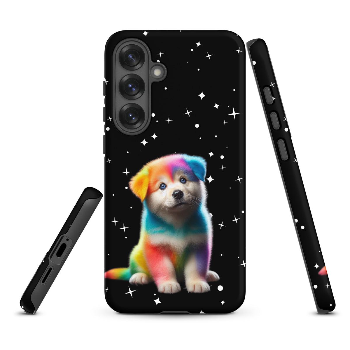 Phone Case for Samsung Galaxy with rainbow puppy and starry night design, showcasing vibrant colors and adorable pet on a protective case.
