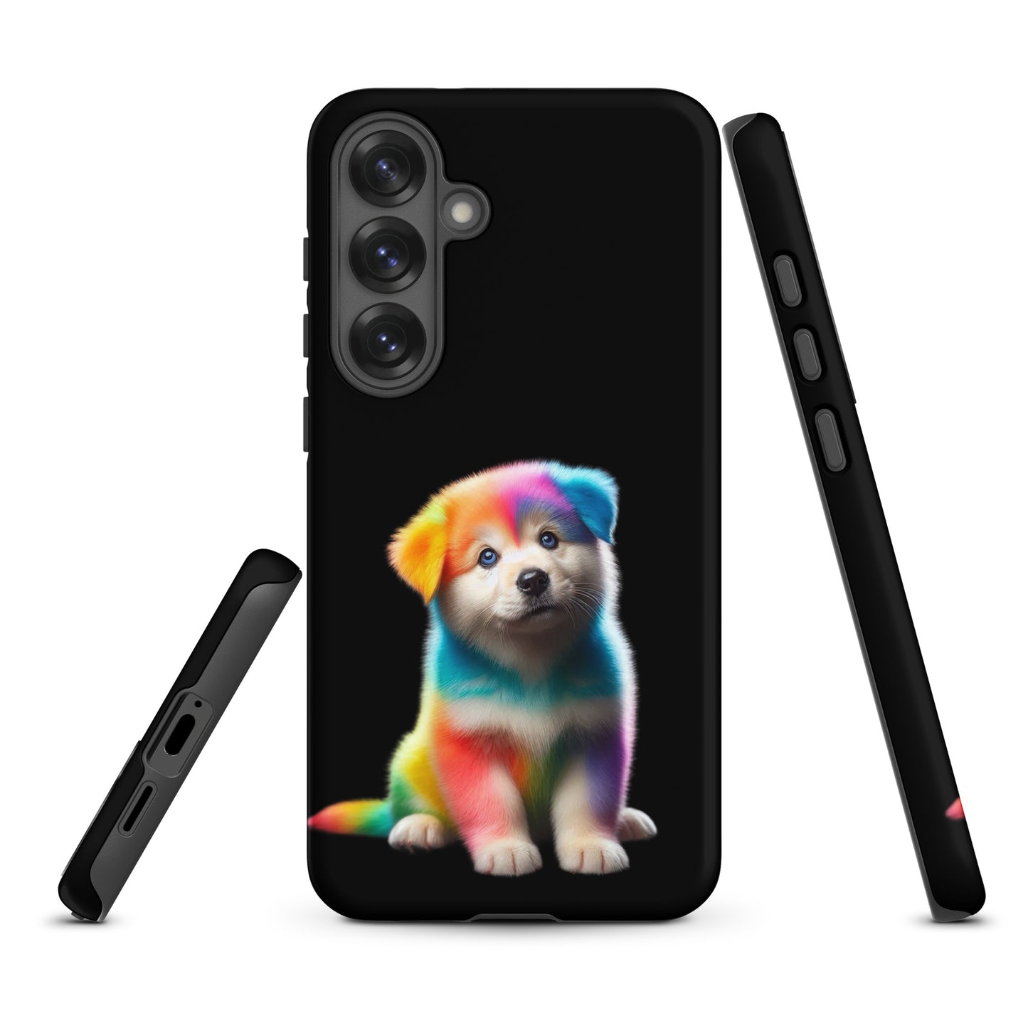 Phone Case with rainbow puppy design on Samsung Galaxy, featuring vibrant colors and a cosmic night sky background.
