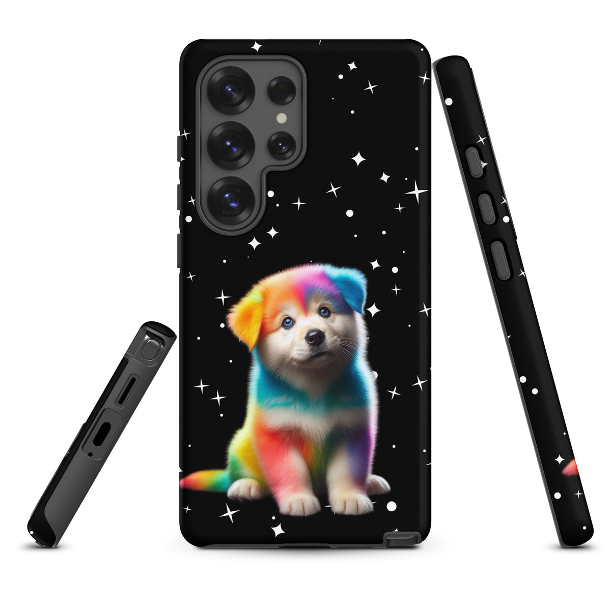 Phone Case for Samsung Galaxy with rainbow puppy design and starry night background, offering vibrant color and cosmic charm.