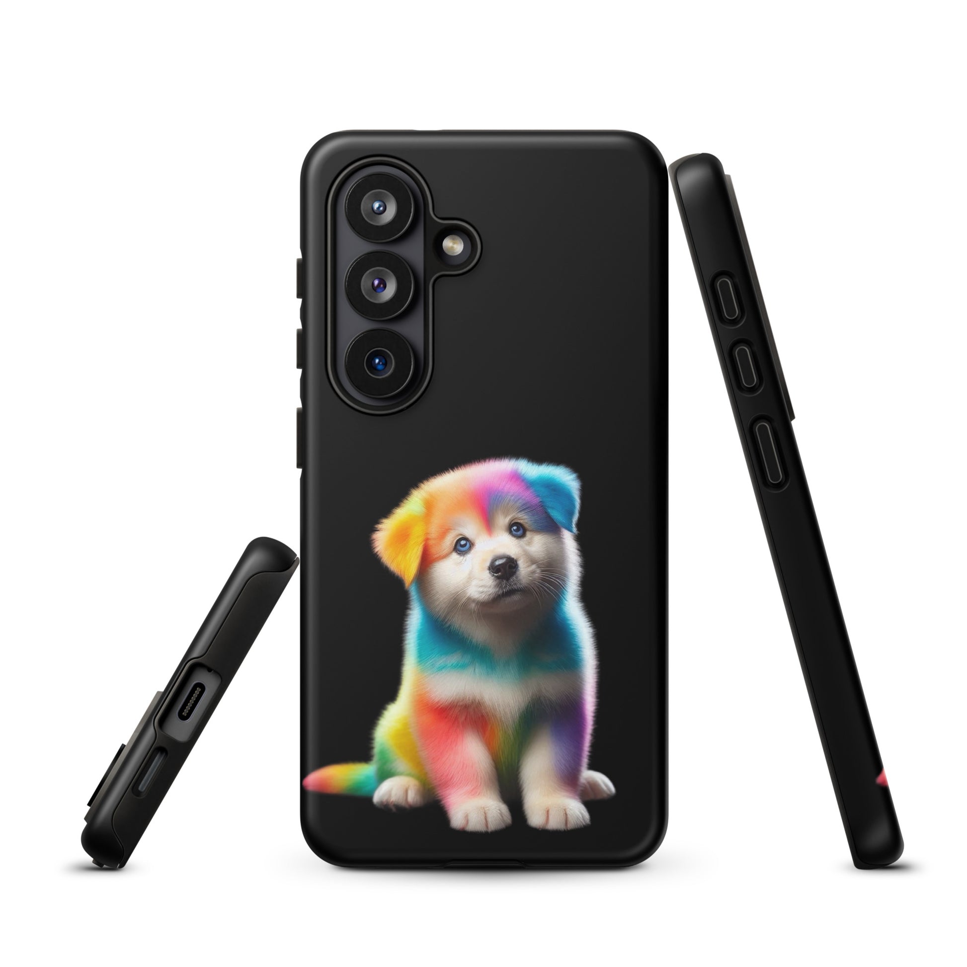 Phone Case for Samsung Galaxy with rainbow puppy design on dark background