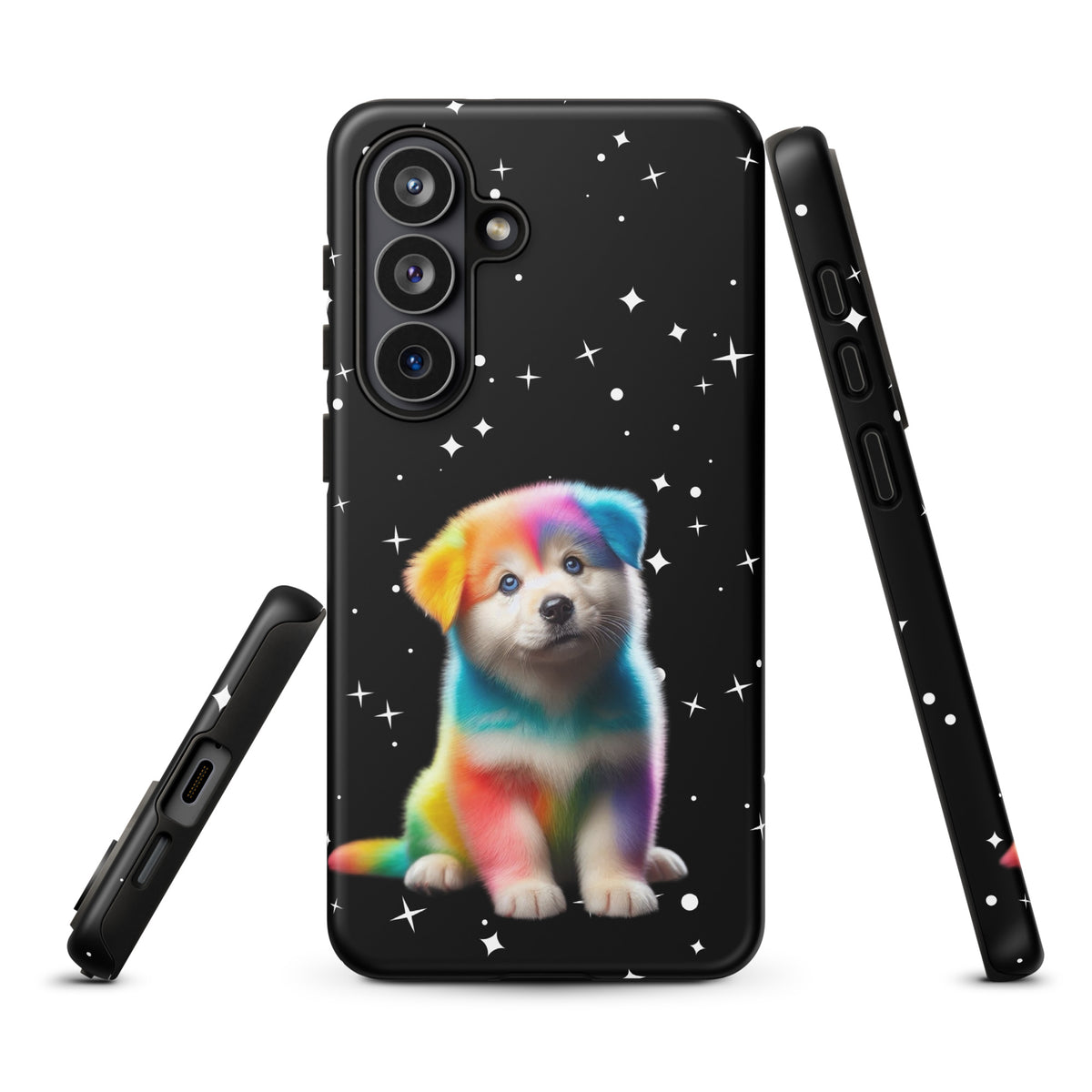 Phone Case for Samsung Galaxy with a rainbow puppy design on a starry night sky background.