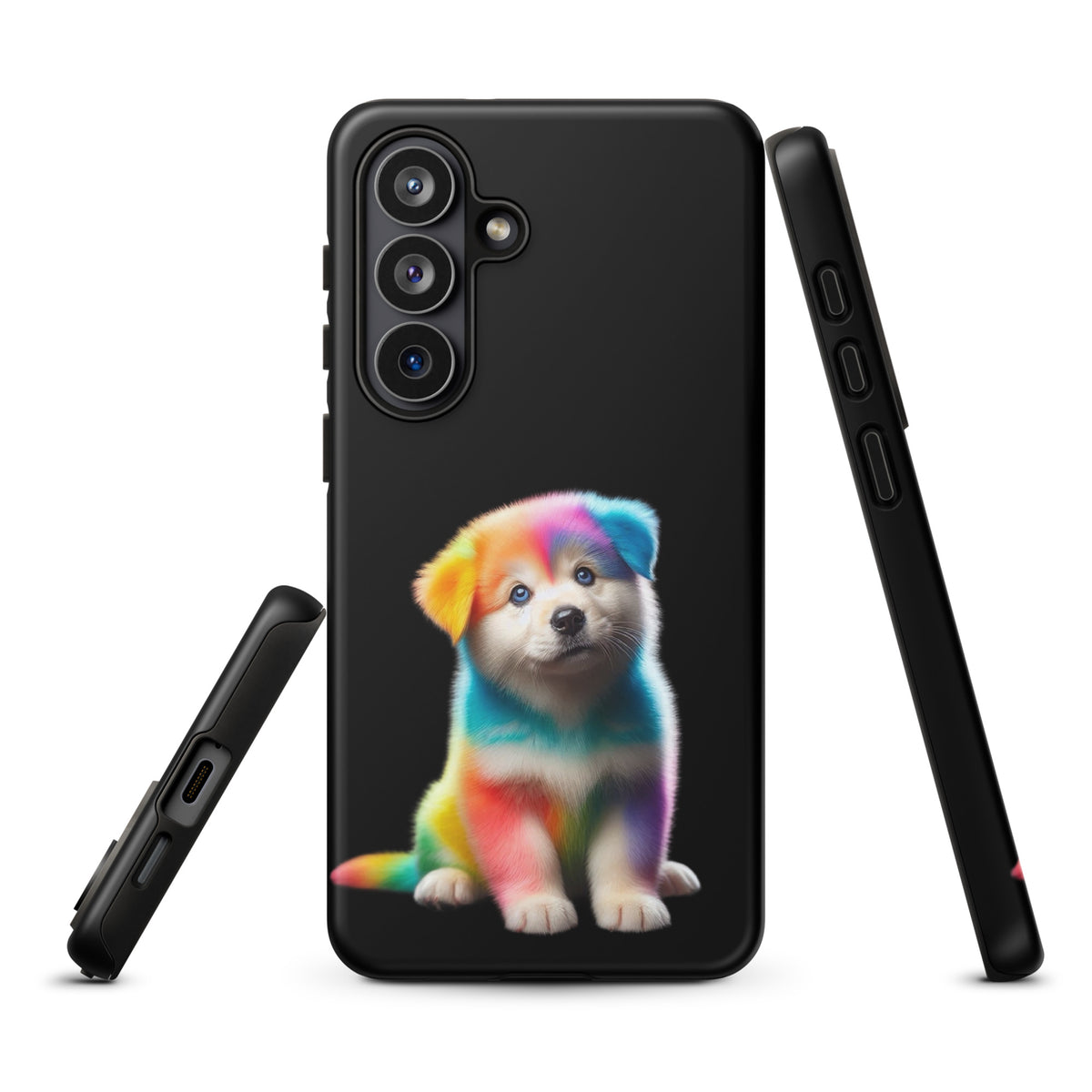 Phone Case for Samsung Galaxy featuring a rainbow puppy design against a dark night sky, perfect for pet lovers and bold color fans.
