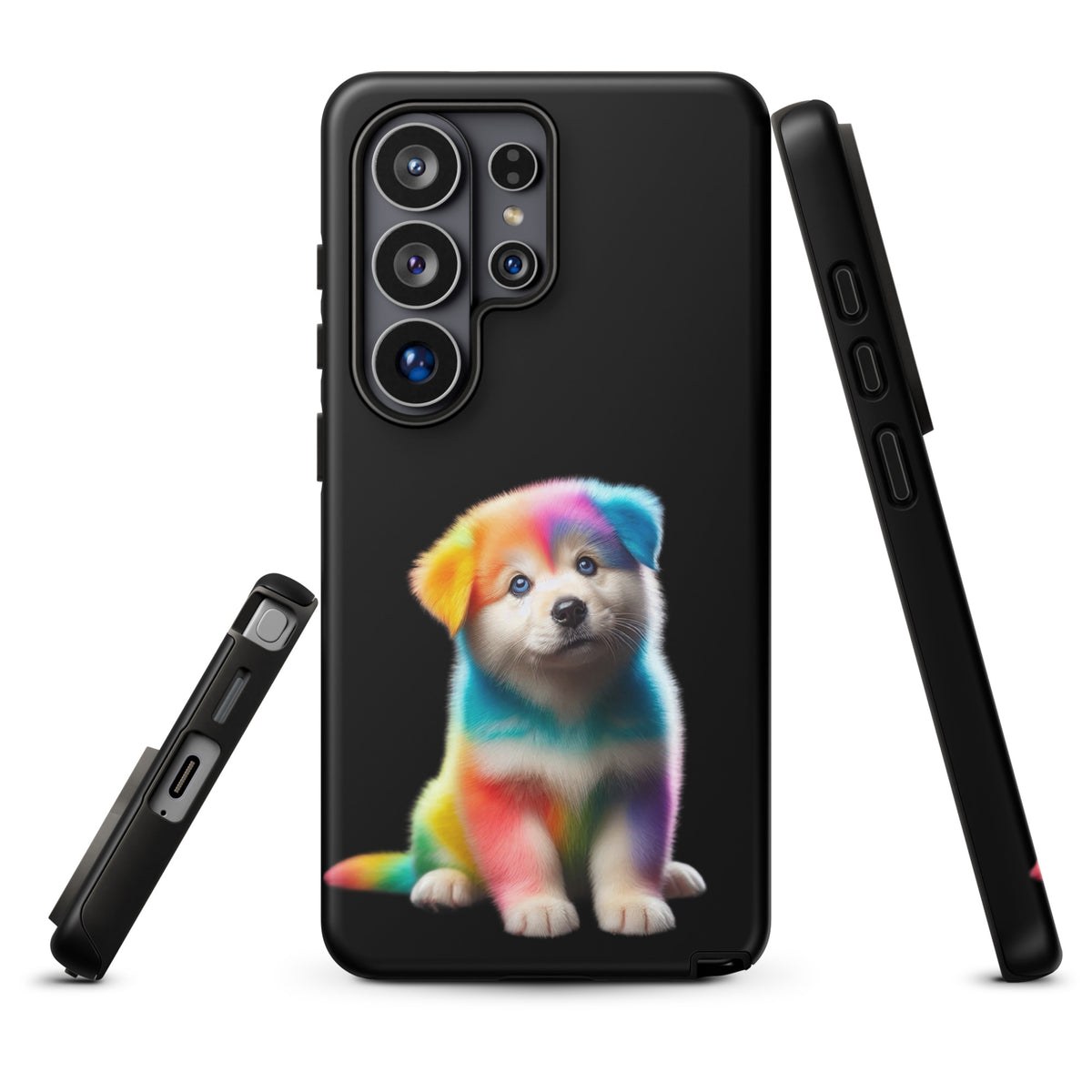 Phone Case with vibrant rainbow puppy design and cosmic night sky background for Samsung Galaxy, highlighting bold colors and pet lovers' style.
