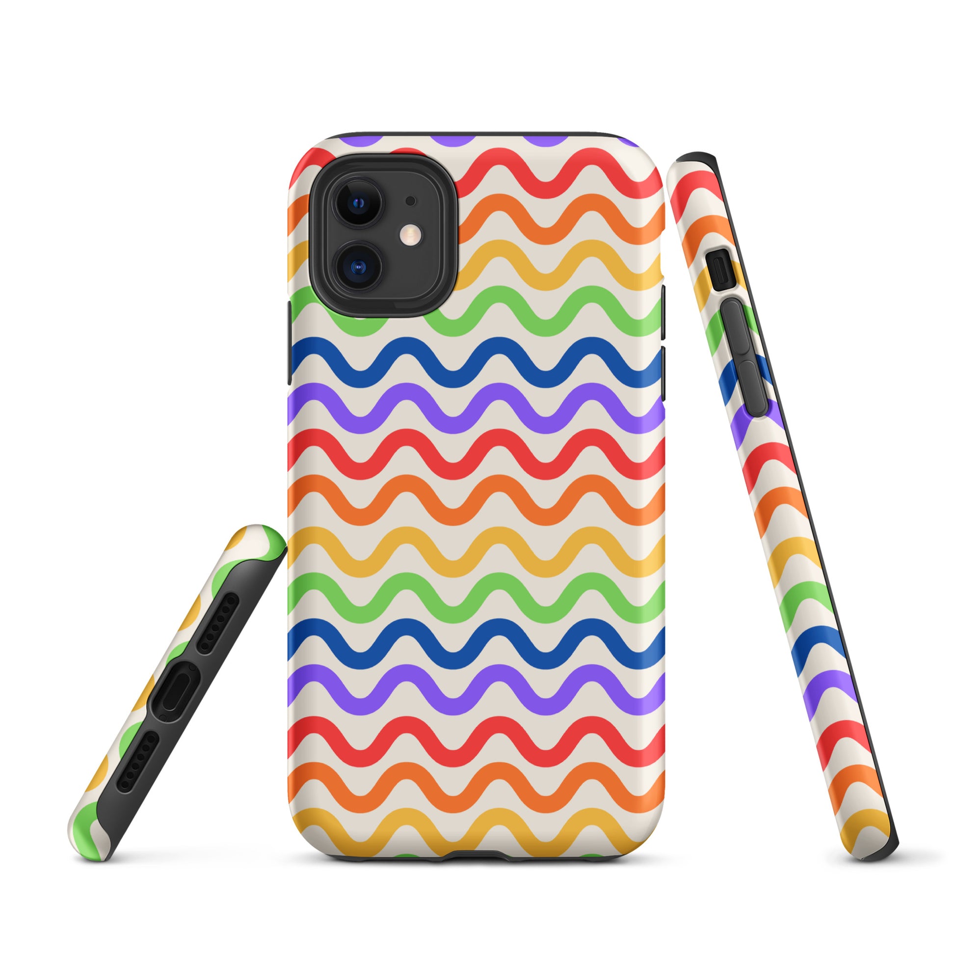 Phone Case for iPhone featuring wavy rainbow pattern in purple, red, orange, yellow, green, blue on white, tough yet playful design.