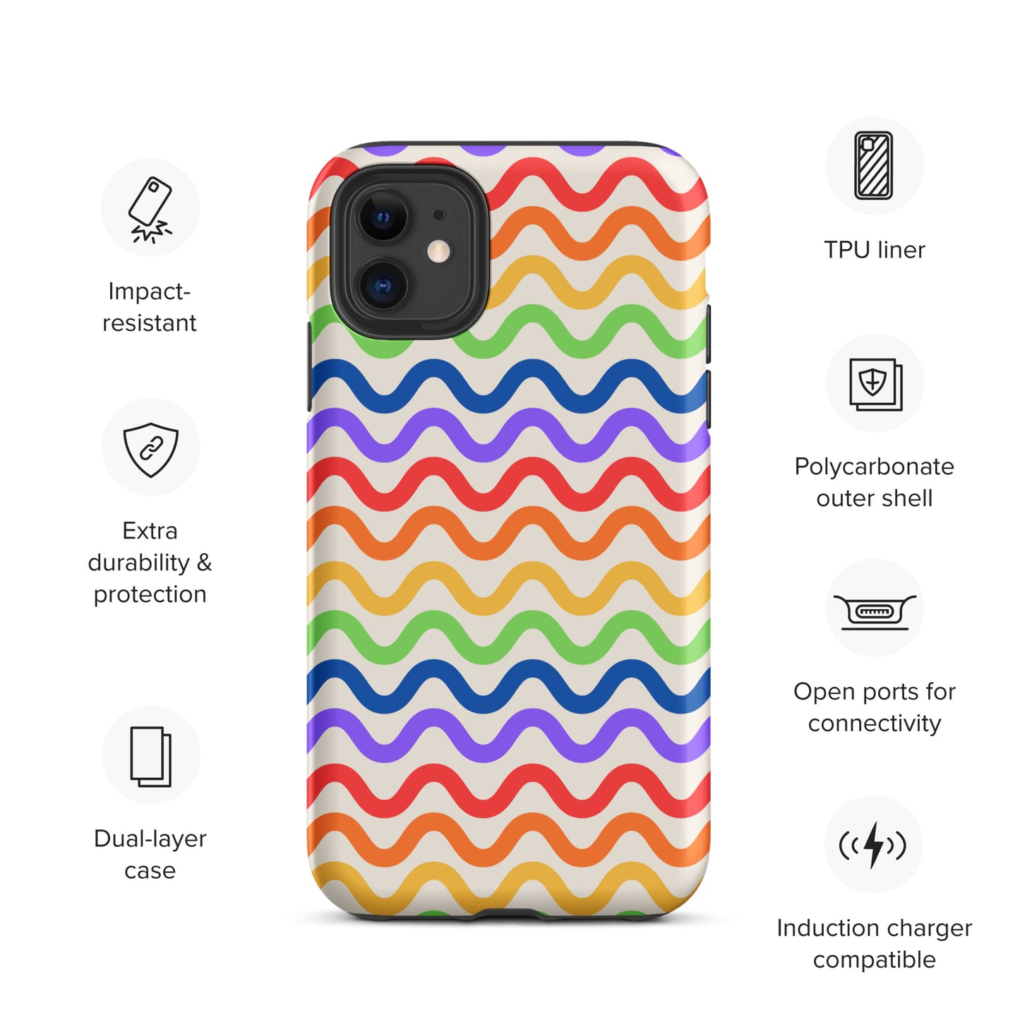 Phone Case for iPhone with wavy rainbow pattern, impact-resistant, dual-layer protection, TPU liner, and open ports for connectivity.