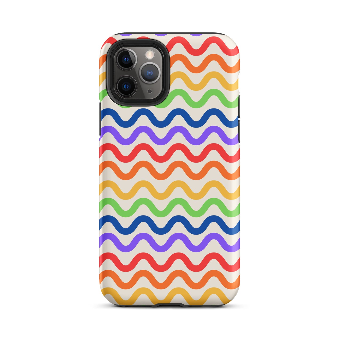 Phone Case for iPhone with wavy rainbow pattern and white background, featuring colors like purple, red, orange, yellow, green, and blue.