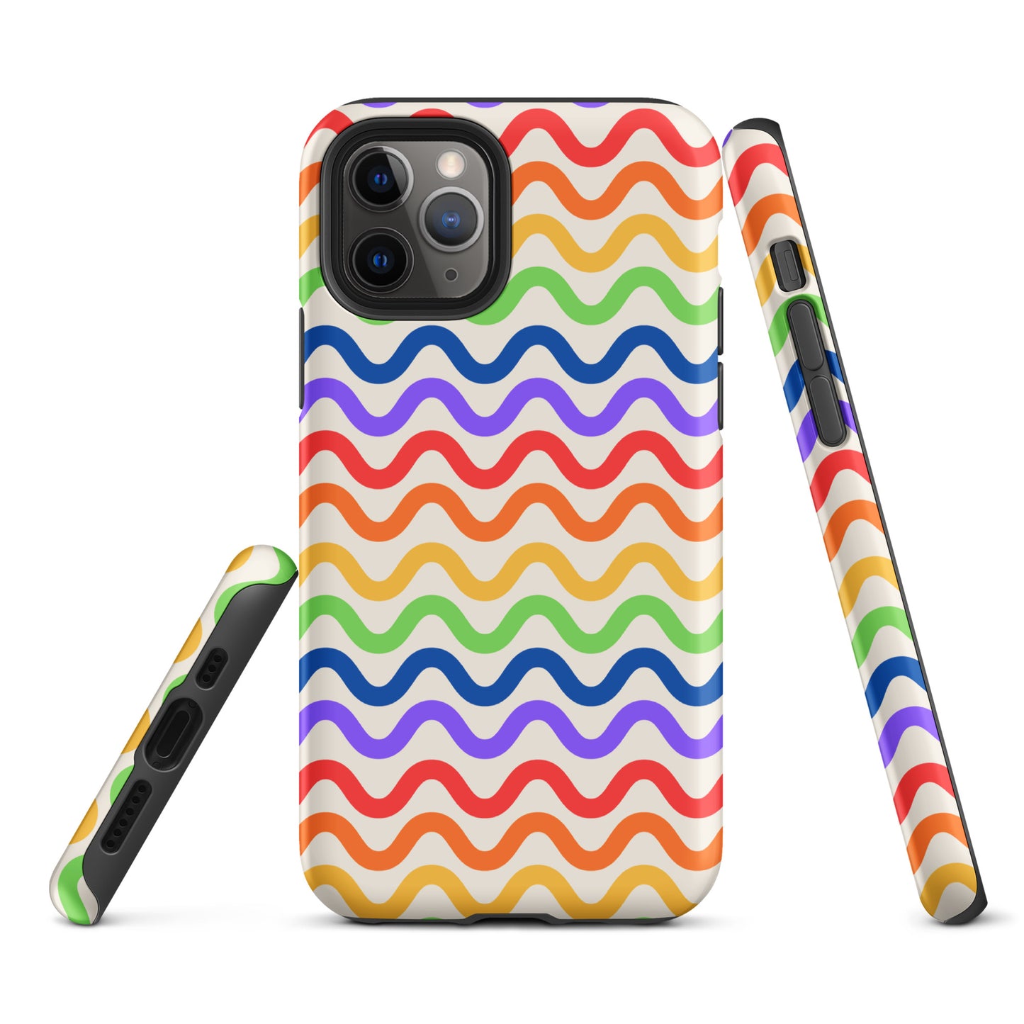 Colorful Phone Case for iPhone with wavy rainbow pattern offering protection and playful design.