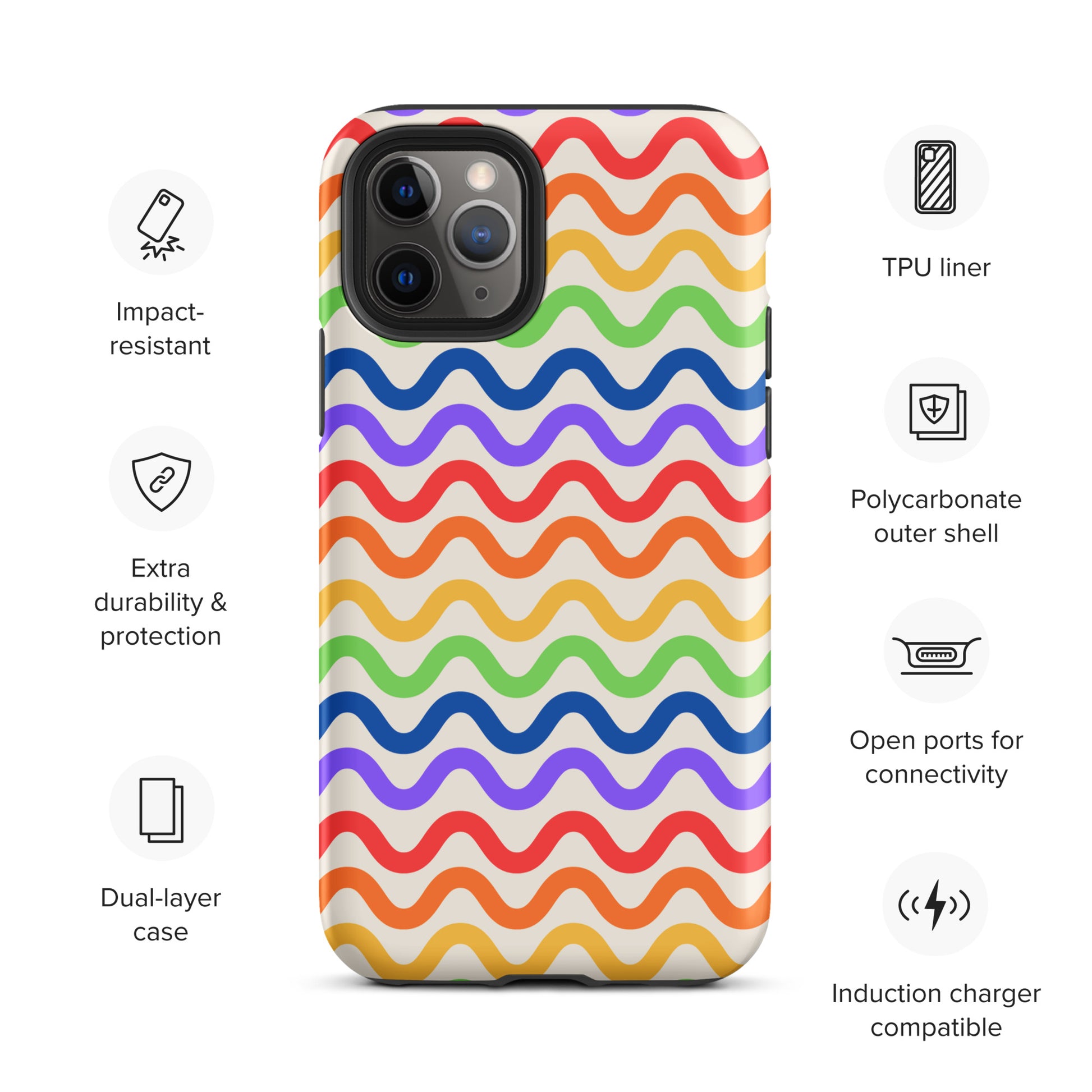 Phone Case for iPhone with wavy rainbow pattern, impact-resistant and durable, featuring open ports and induction charger compatibility.
