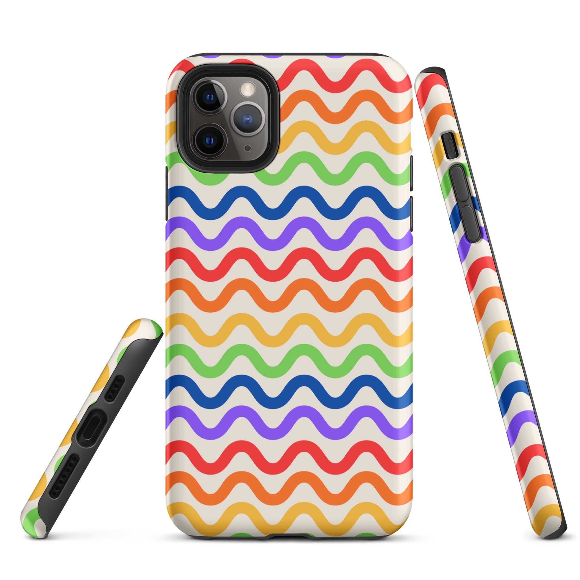 Phone Case for iPhone with wavy rainbow pattern in purple, red, orange, yellow, green, and blue on white backdrop, tough and lively design.