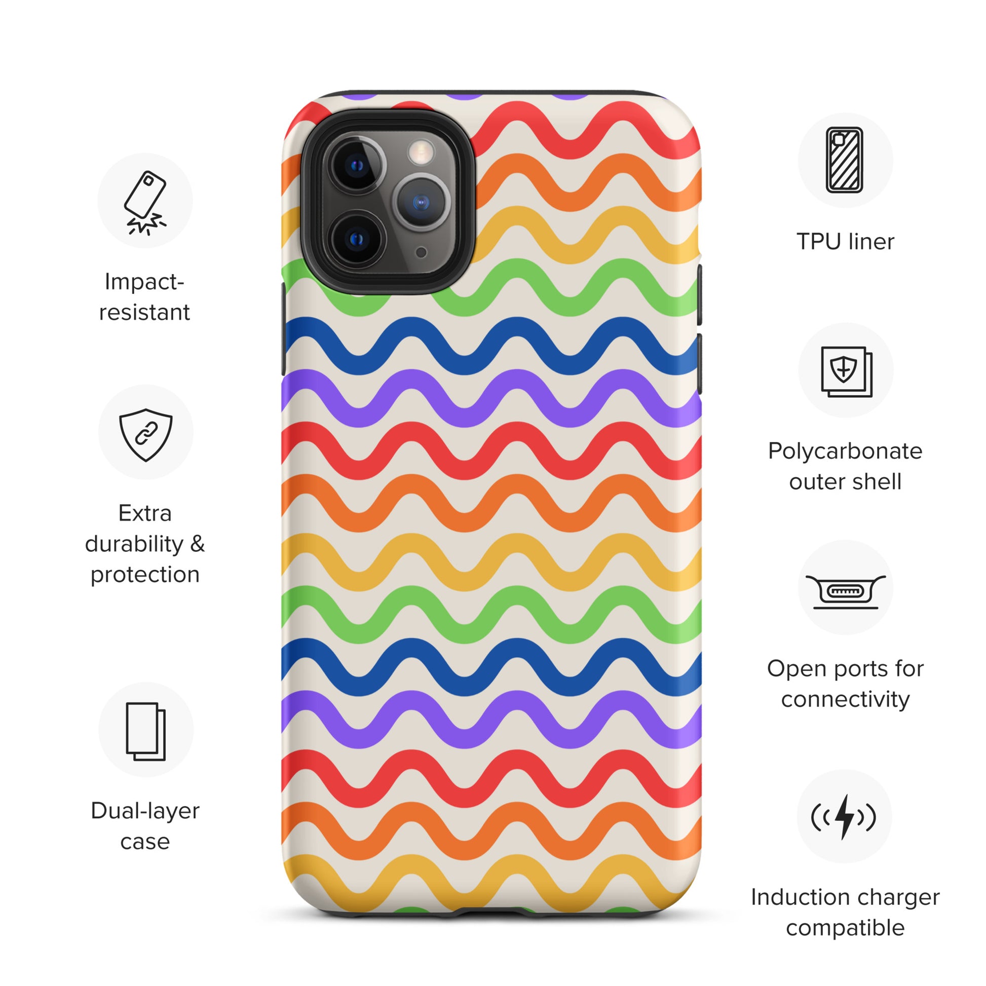 Phone Case for iPhone with wavy rainbow pattern, showing impact resistance and dual-layer protection, compatible with induction chargers.