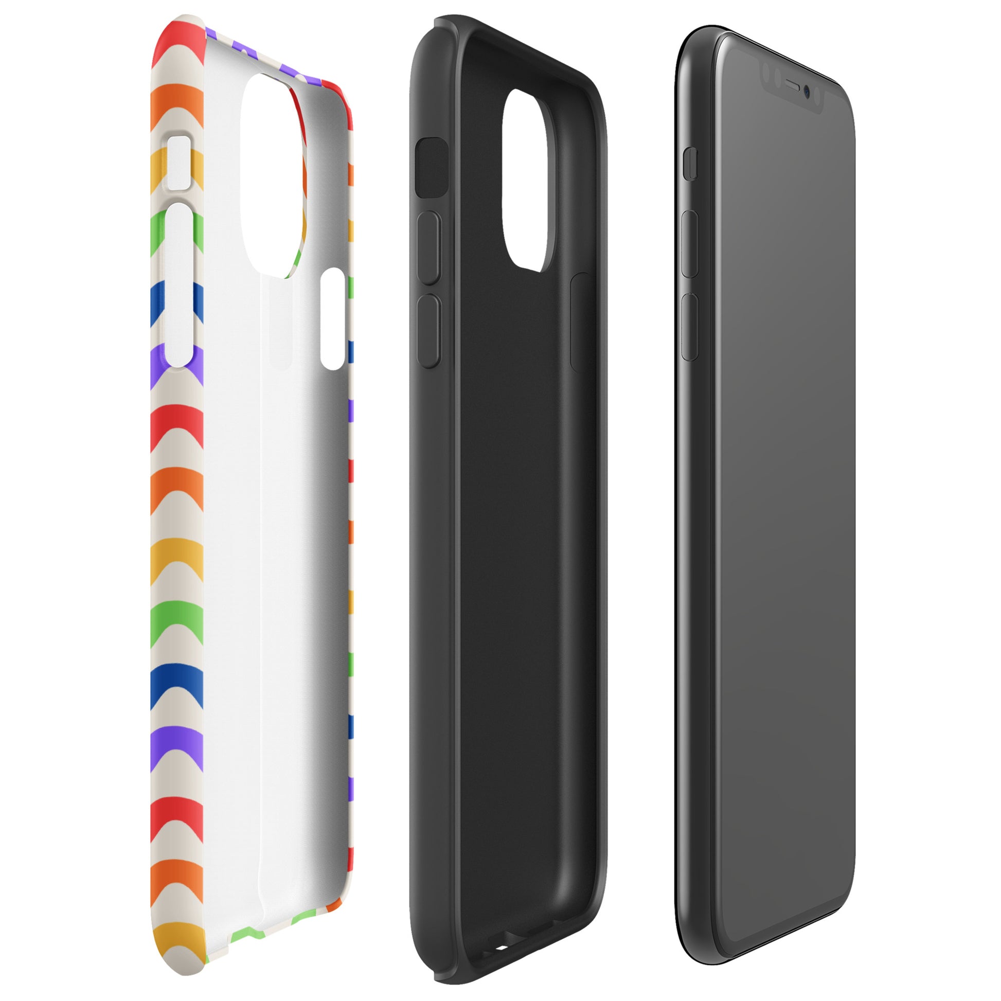 Phone Case for iPhone with wavy rainbow pattern, tough and playful style offering vibrant protection on a white backdrop.