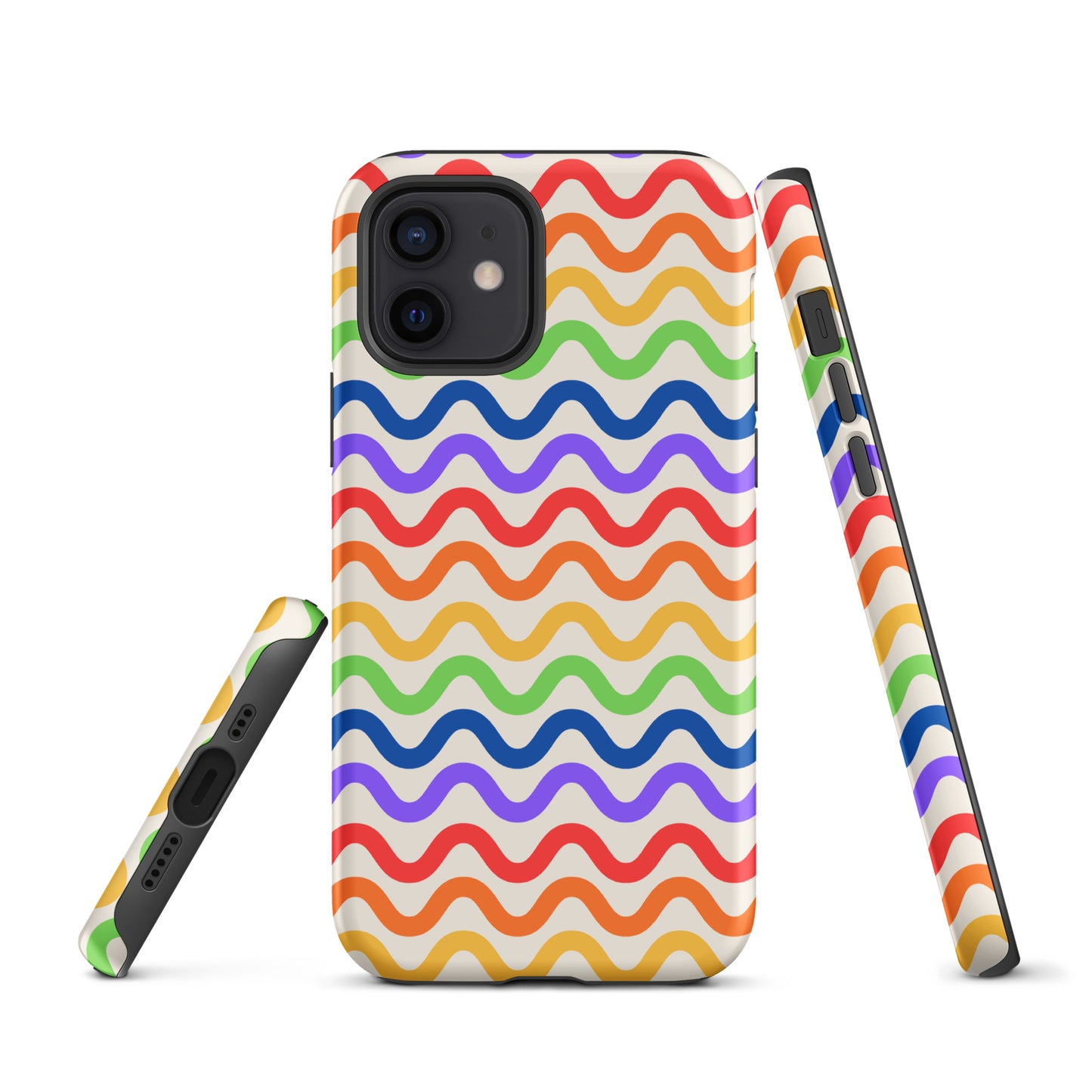 Phone Case for iPhone with wavy rainbow pattern on white background, offering tough and playful style.