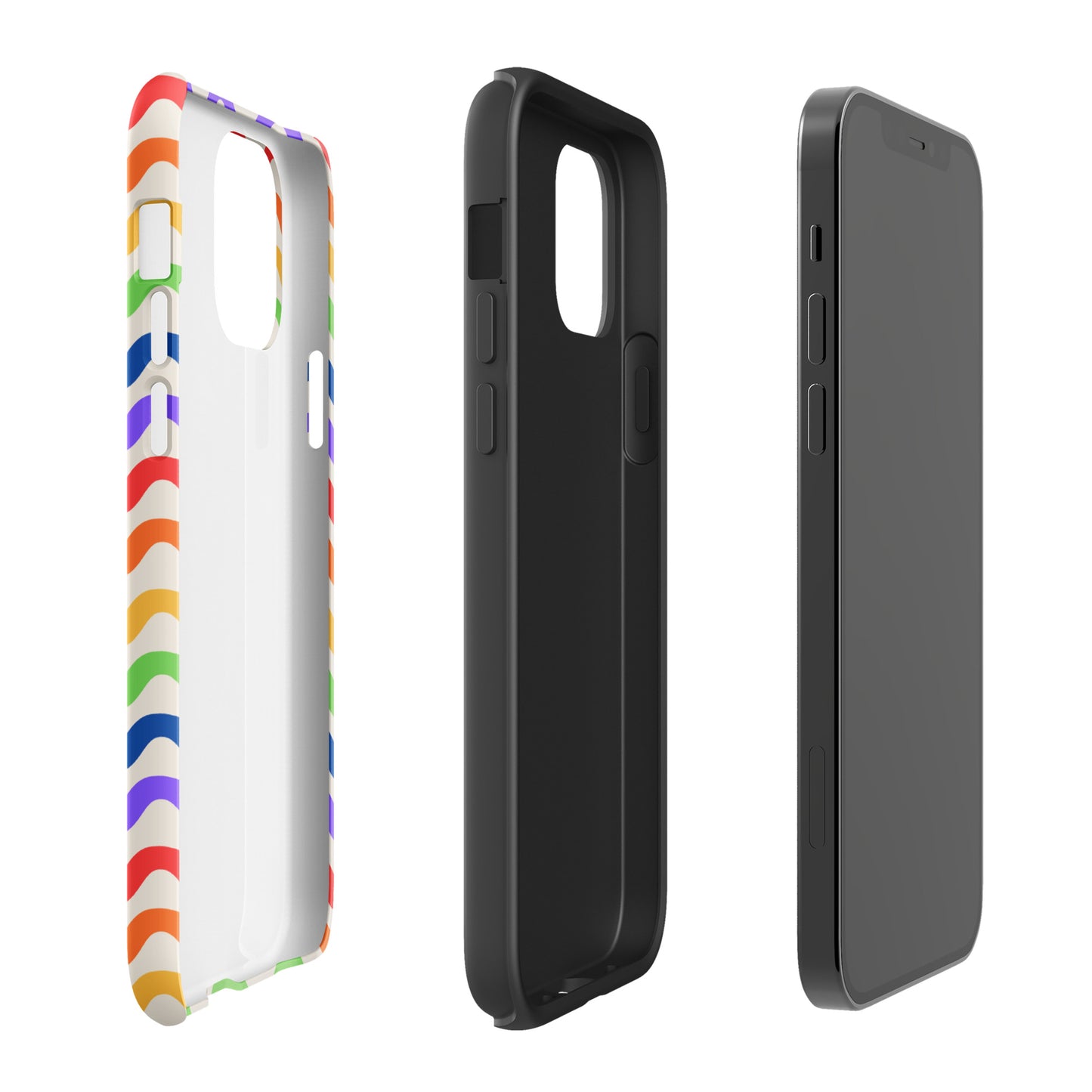 Phone Case for iPhone with wavy rainbow pattern in three parts, showcasing vibrant and playful design with strong protection.
