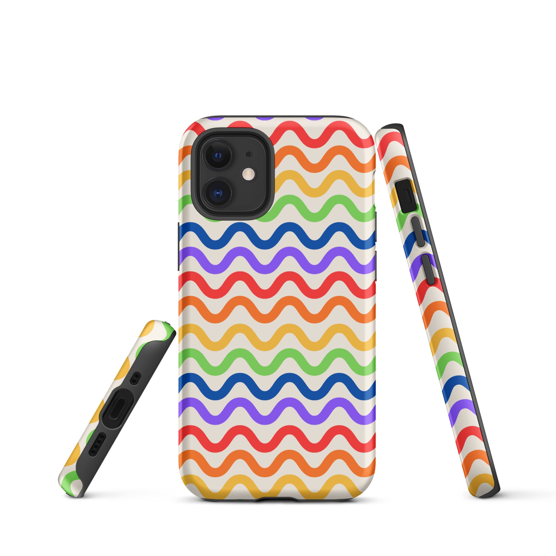 Phone Case for iPhone with wavy rainbow pattern in purple, red, orange, yellow, green, and blue on a white backdrop, tough and playful style.