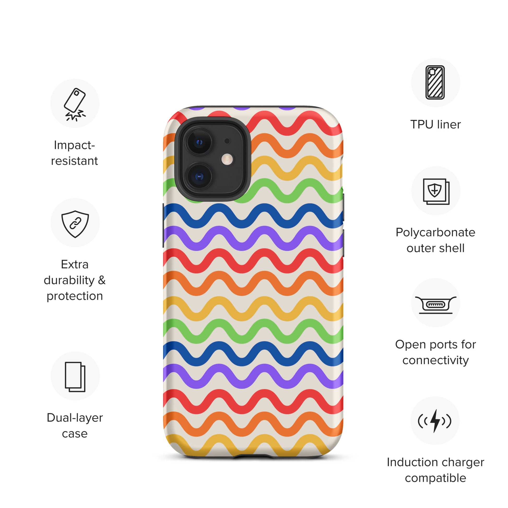 Phone Case for iPhone with wavy rainbow pattern, impact-resistant, dual-layer, offering extra durability and protection.