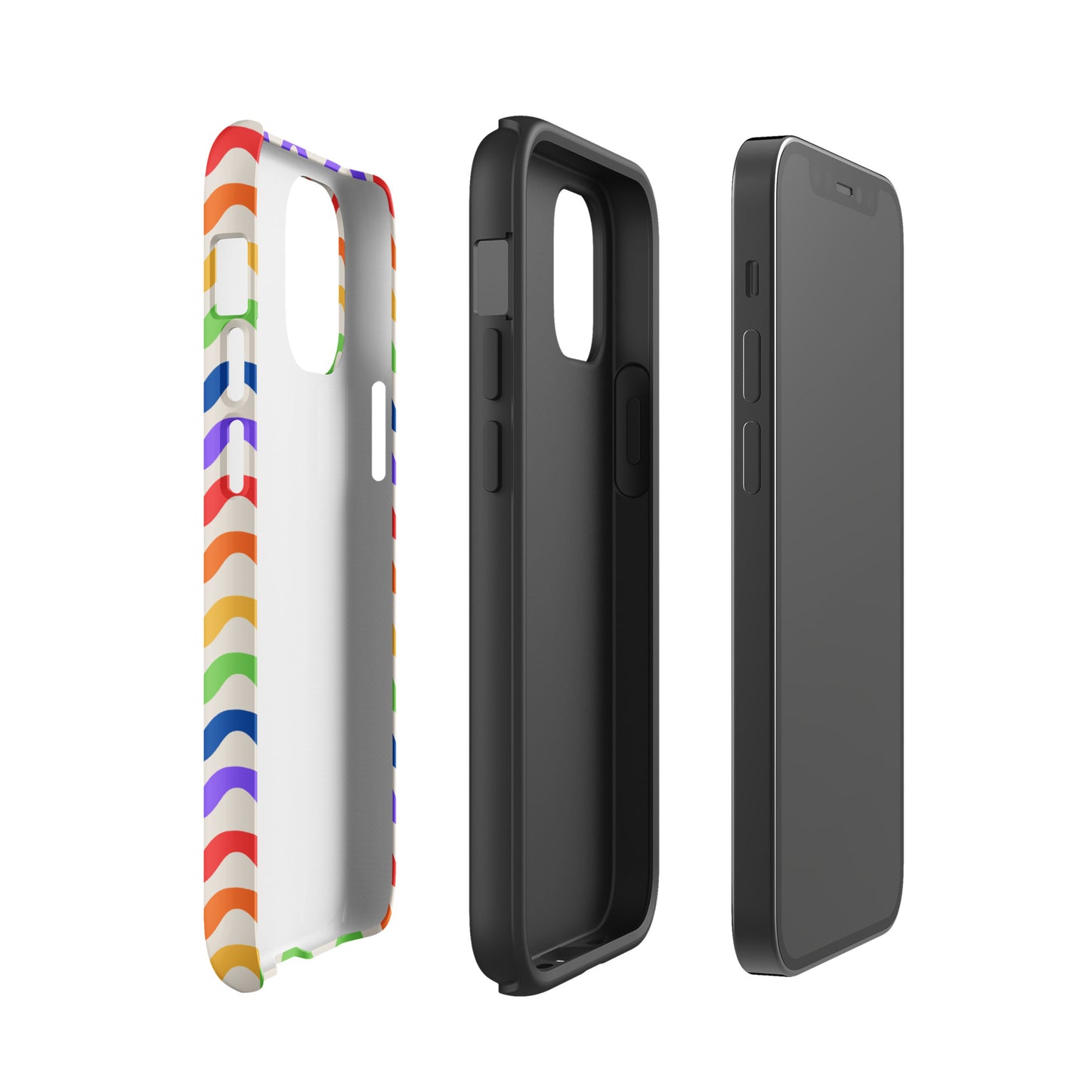 Phone Case for iPhone with wavy rainbow pattern and solid black interior—lively colors, playful style, and robust protection.