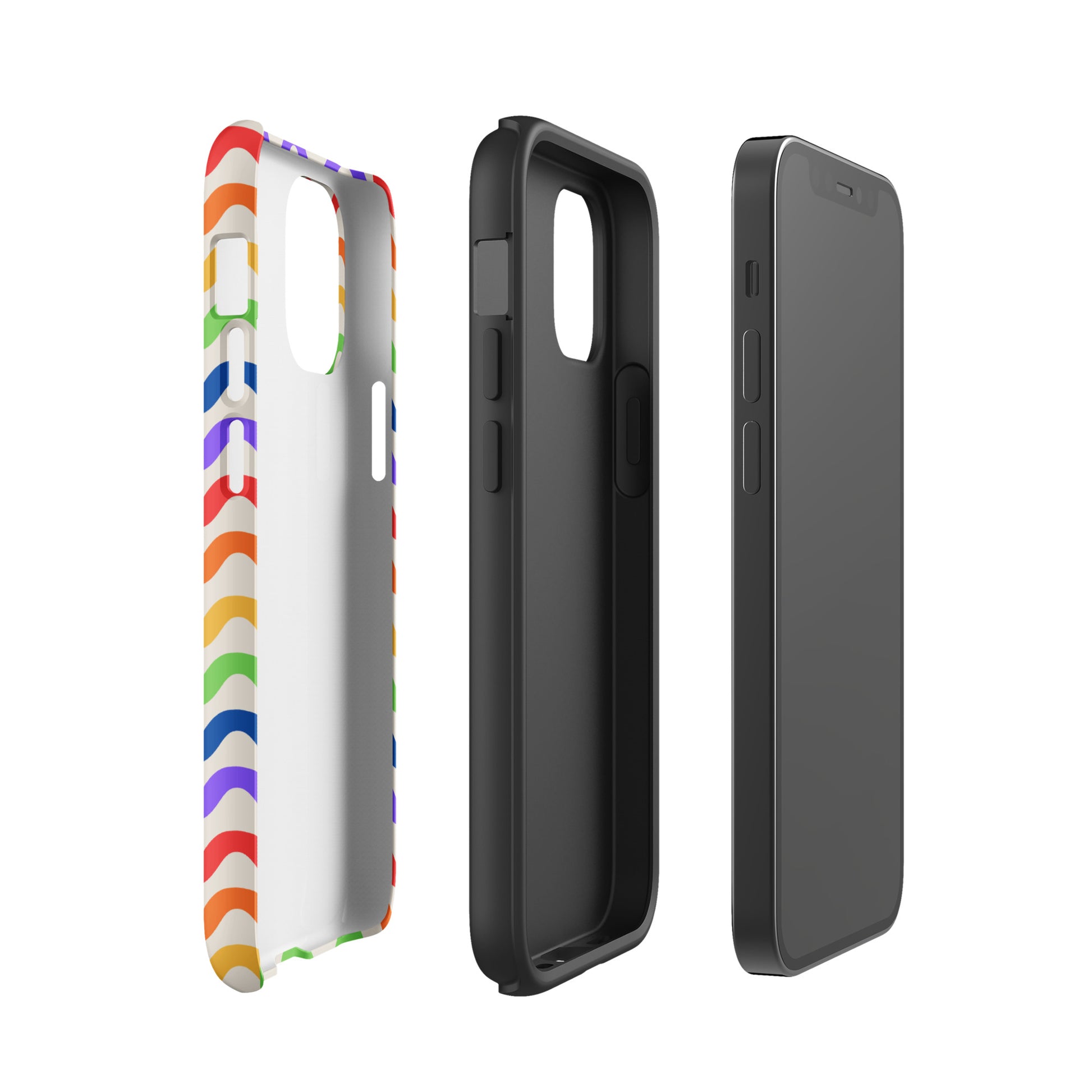 Phone Case for iPhone with wavy rainbow pattern and solid black interior—lively colors, playful style, and robust protection.