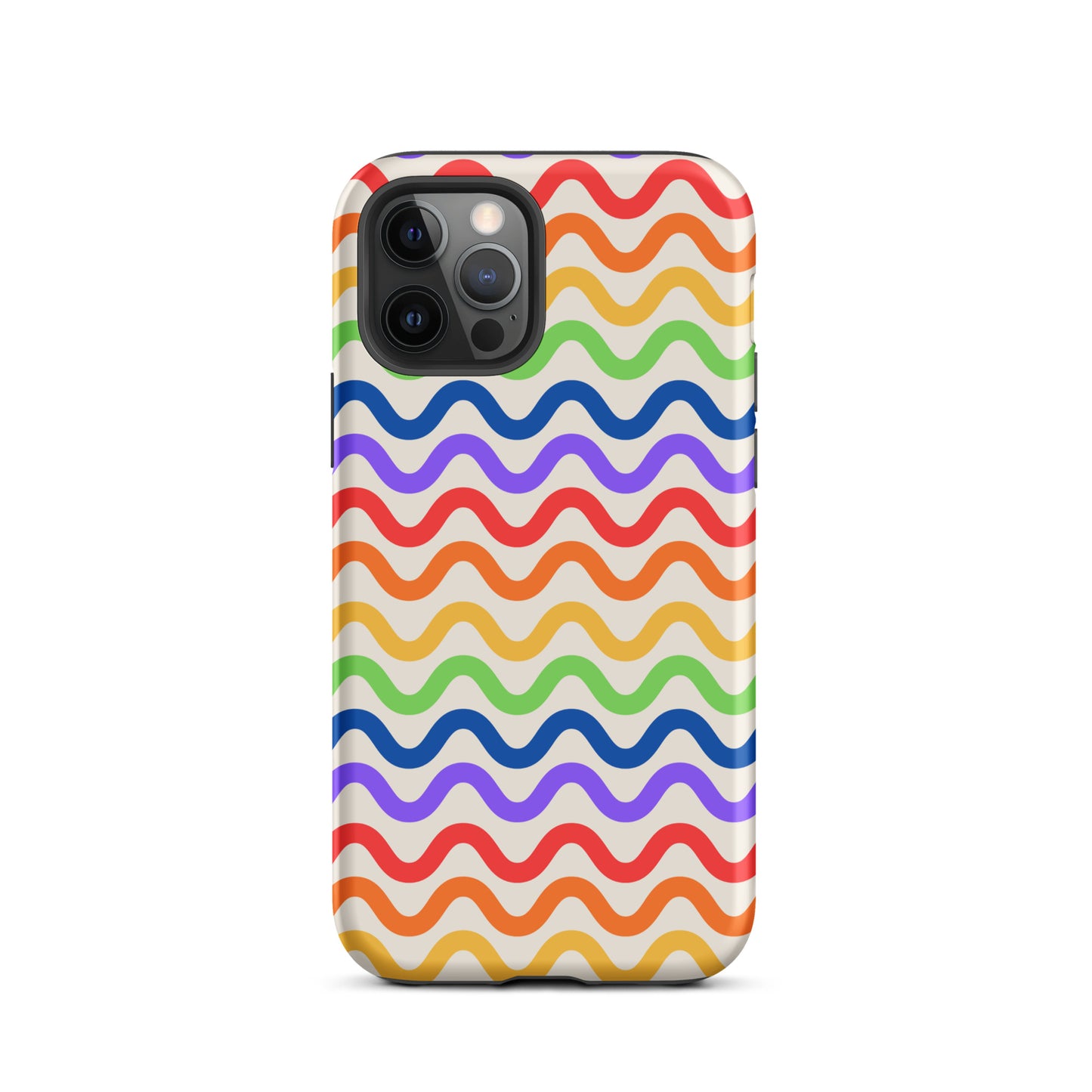 Phone Case for iPhone with wavy rainbow pattern, vibrant colors on white, offering playful style and tough protection.