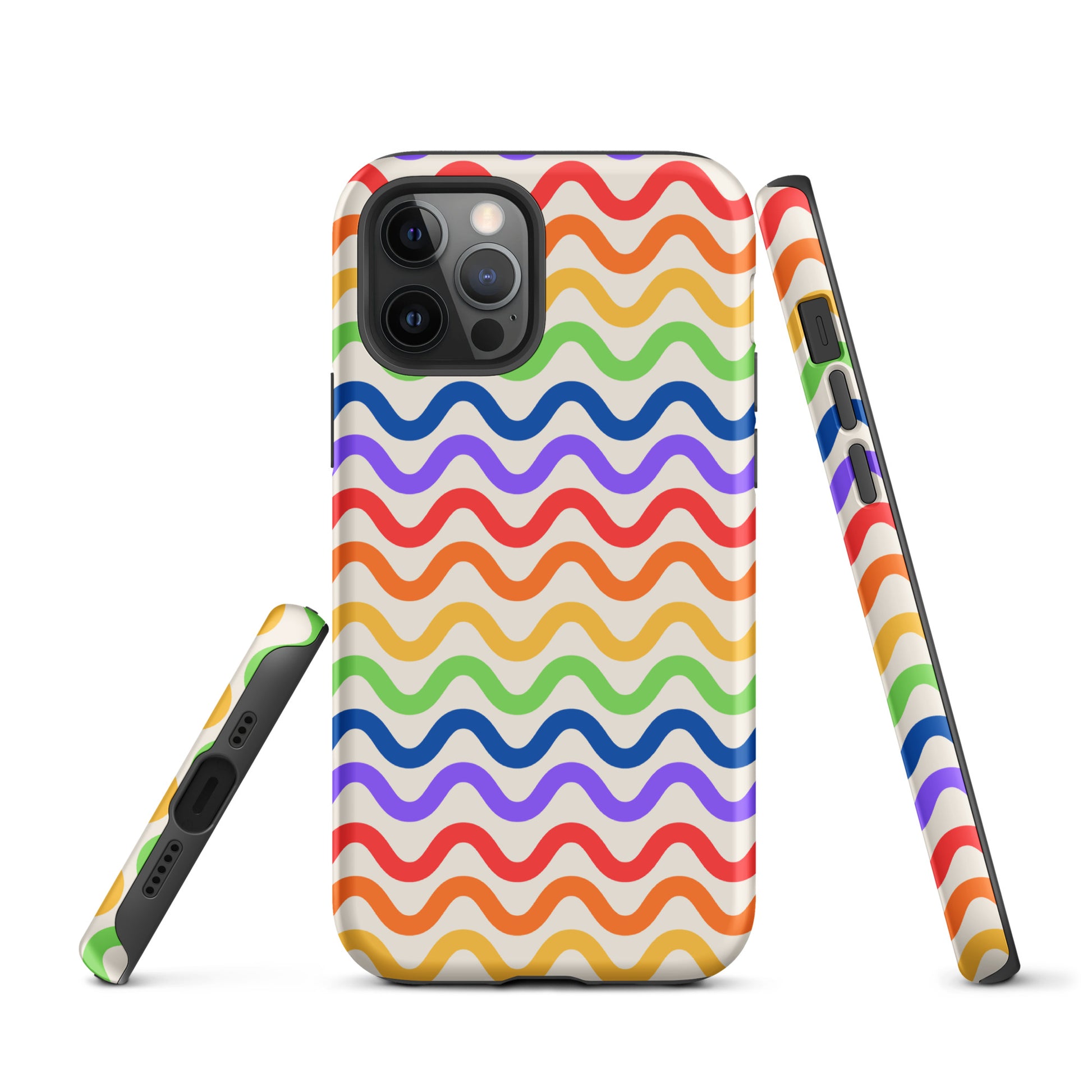 Phone Case for iPhone with wavy rainbow pattern offering tough protection.