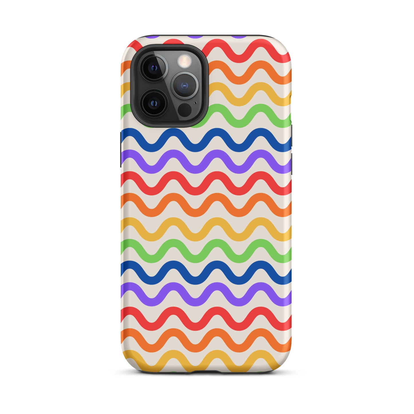 Phone Case for iPhone with wavy rainbow design in purple, red, orange, yellow, green, blue on white backdrop, tough and playful style.