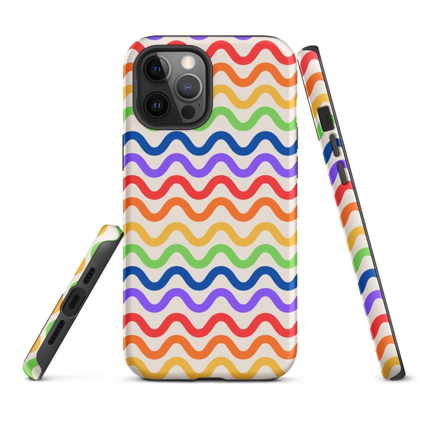 Phone Case for iPhone with rainbow wavy pattern, showcasing vibrant colors and protective design.