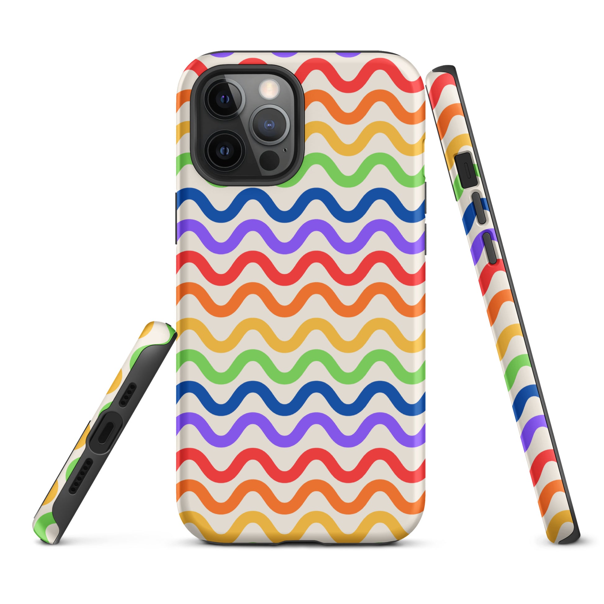 Phone Case for iPhone with rainbow wavy pattern, showcasing vibrant colors and protective design.